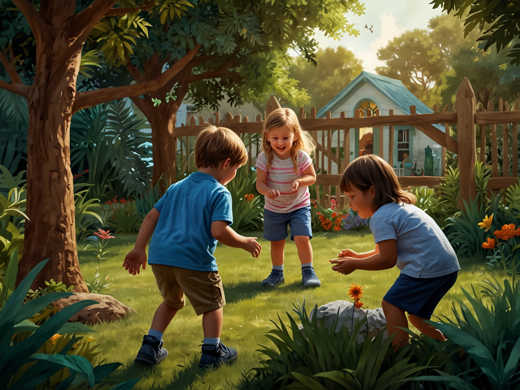 Children, led by Crew Gaines' siblings, search for hidden 'dino eggs' in a joyful scavenger hunt. The garden is alive with excitement, showcasing the event's thoughtful and creative design.