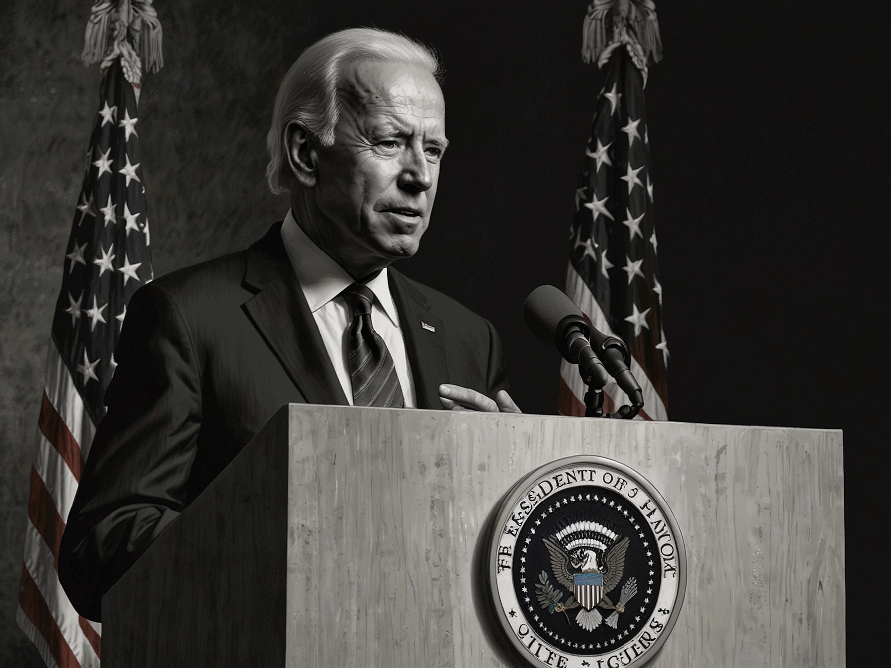 An image depicting President Biden speaking at a podium, emphasizing his new compassionate immigration relief measures aimed at providing stability for undocumented immigrants.
