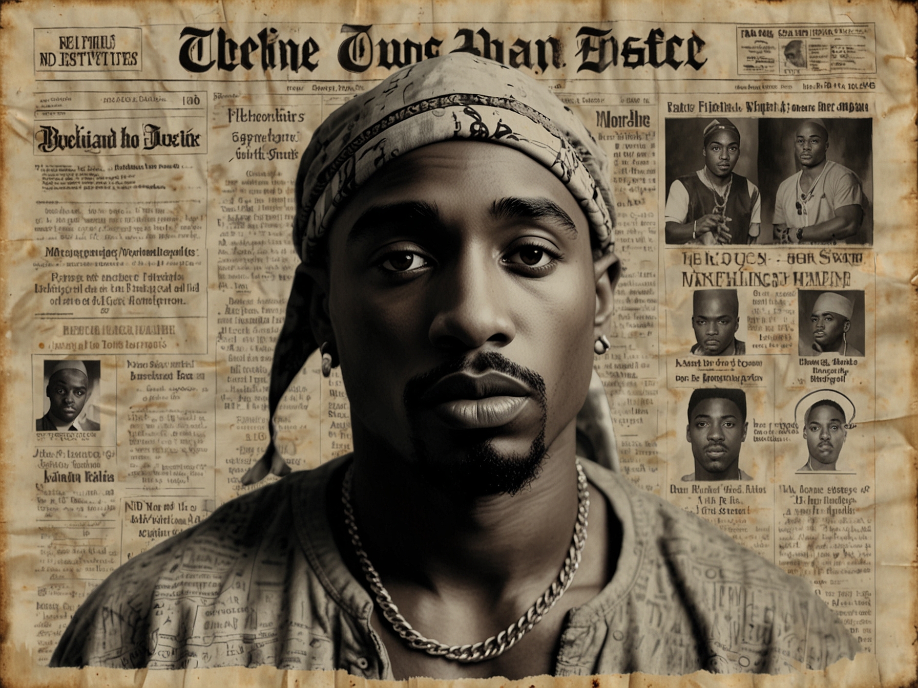 A collage featuring Tupac Shakur’s iconic images juxtaposed with news headlines about Duane ‘Keefe D’ Davis, symbolizing the enduring quest for justice and the media frenzy surrounding the case.
