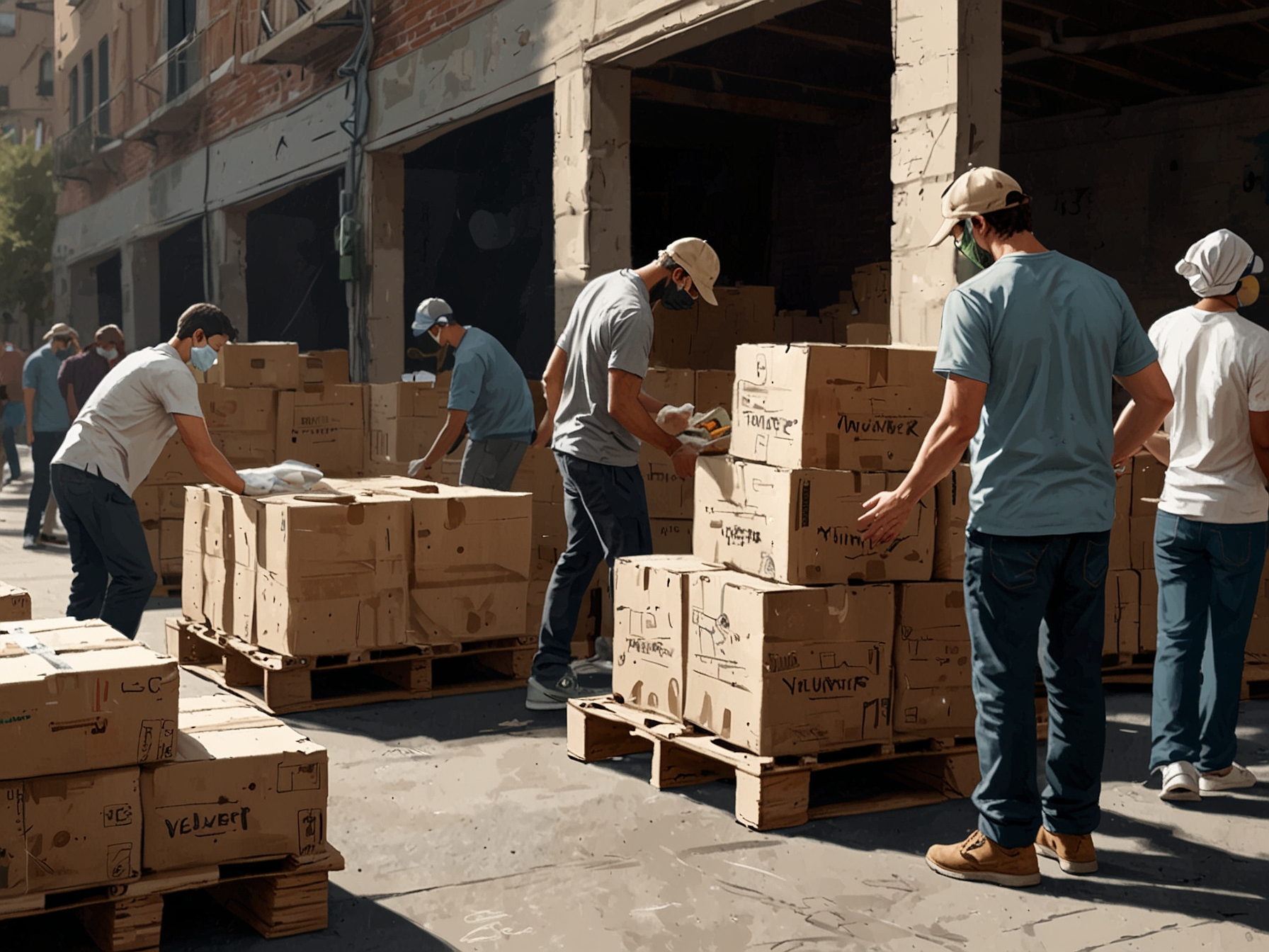 An image showing volunteers organizing pallets of food, water, and other essential supplies, ready to be distributed to affected communities during a crisis.