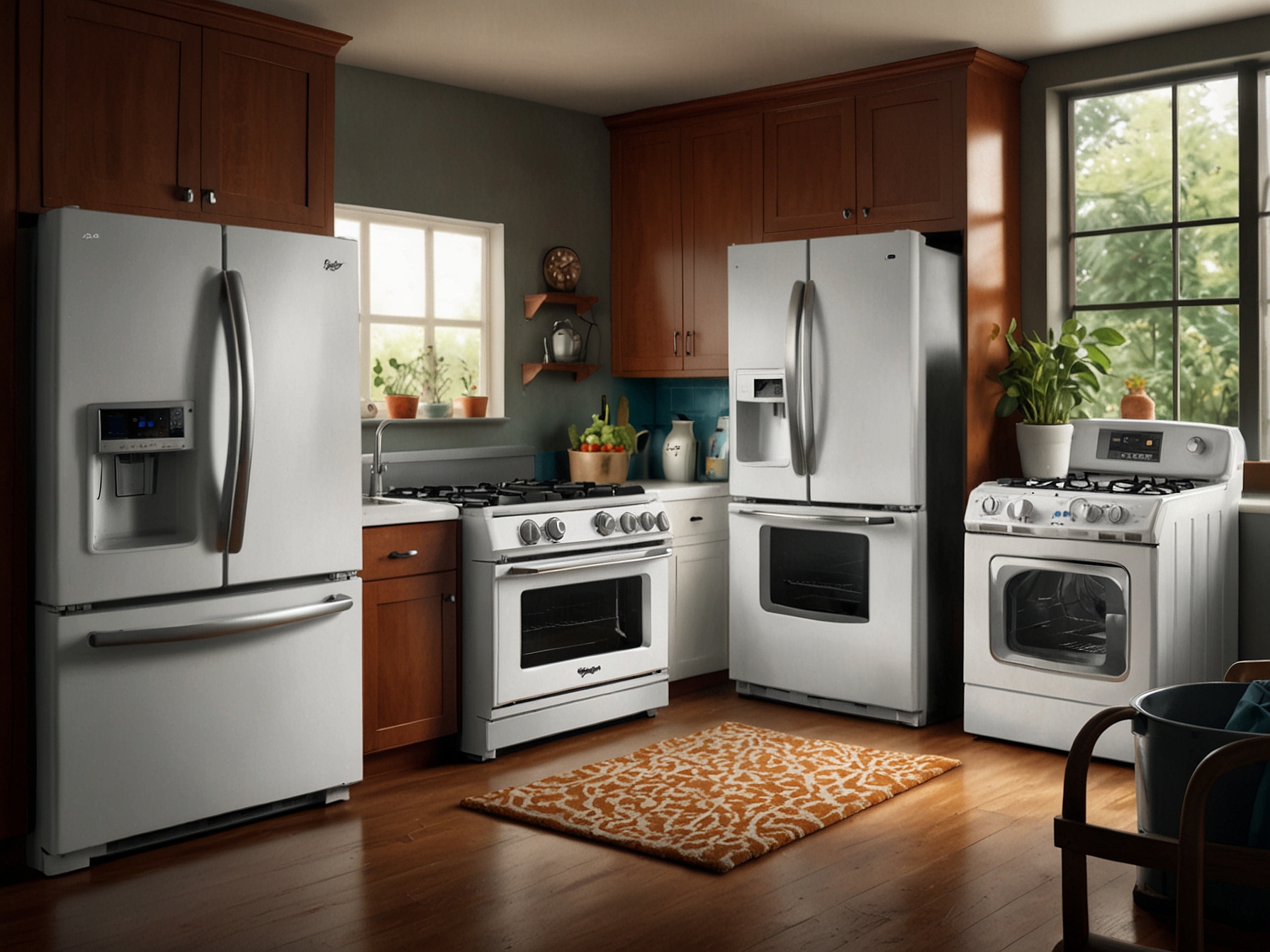 An array of Whirlpool appliances, including refrigerators, washing machines, and ovens, showcasing the brand's extensive product range and market presence.