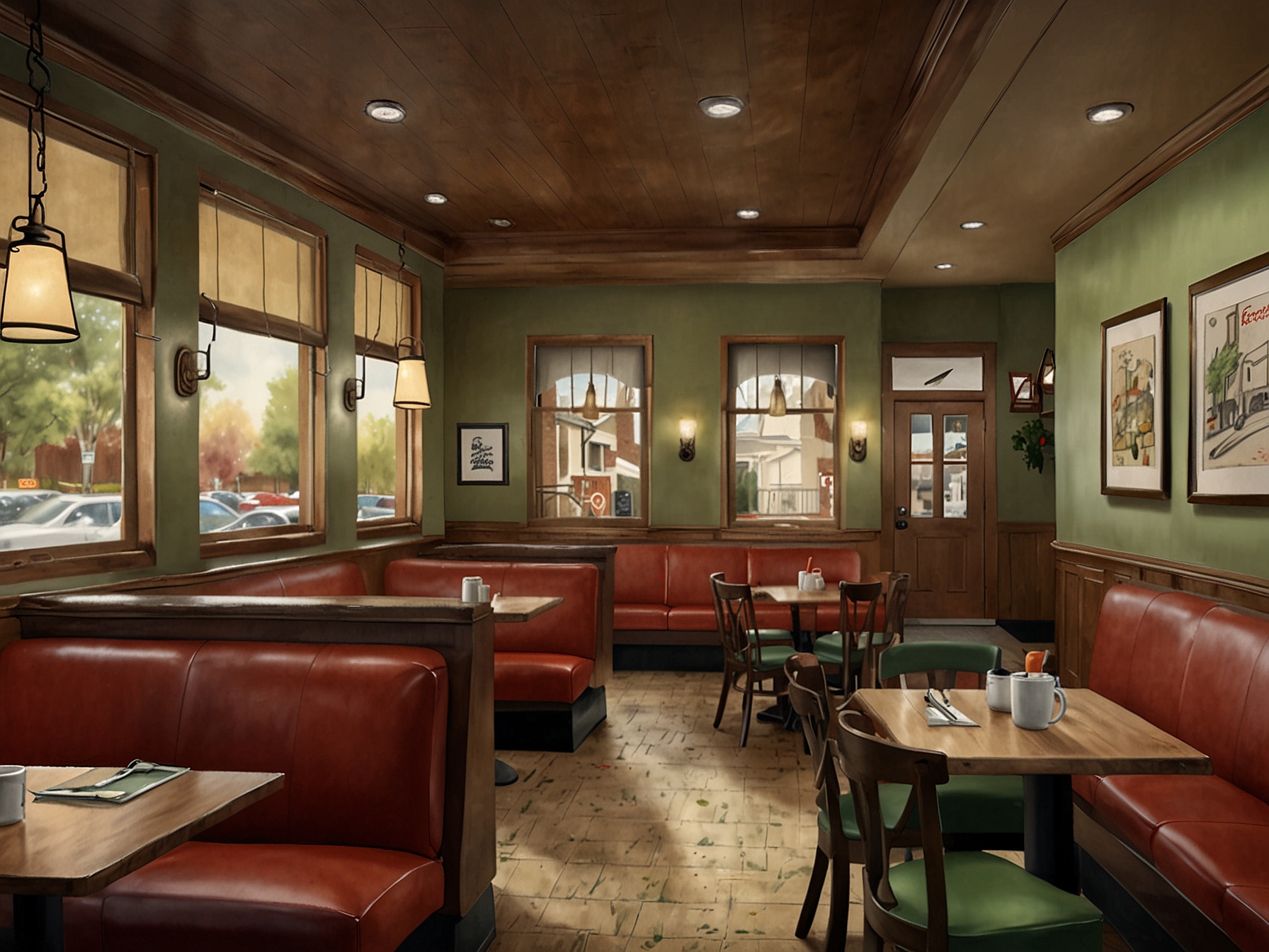 A newly renovated Perkins restaurant interior showcasing warm and inviting colors, comfortable seating, and nostalgic decor, highlighting the chain's 'vintage fresh' rebrand.