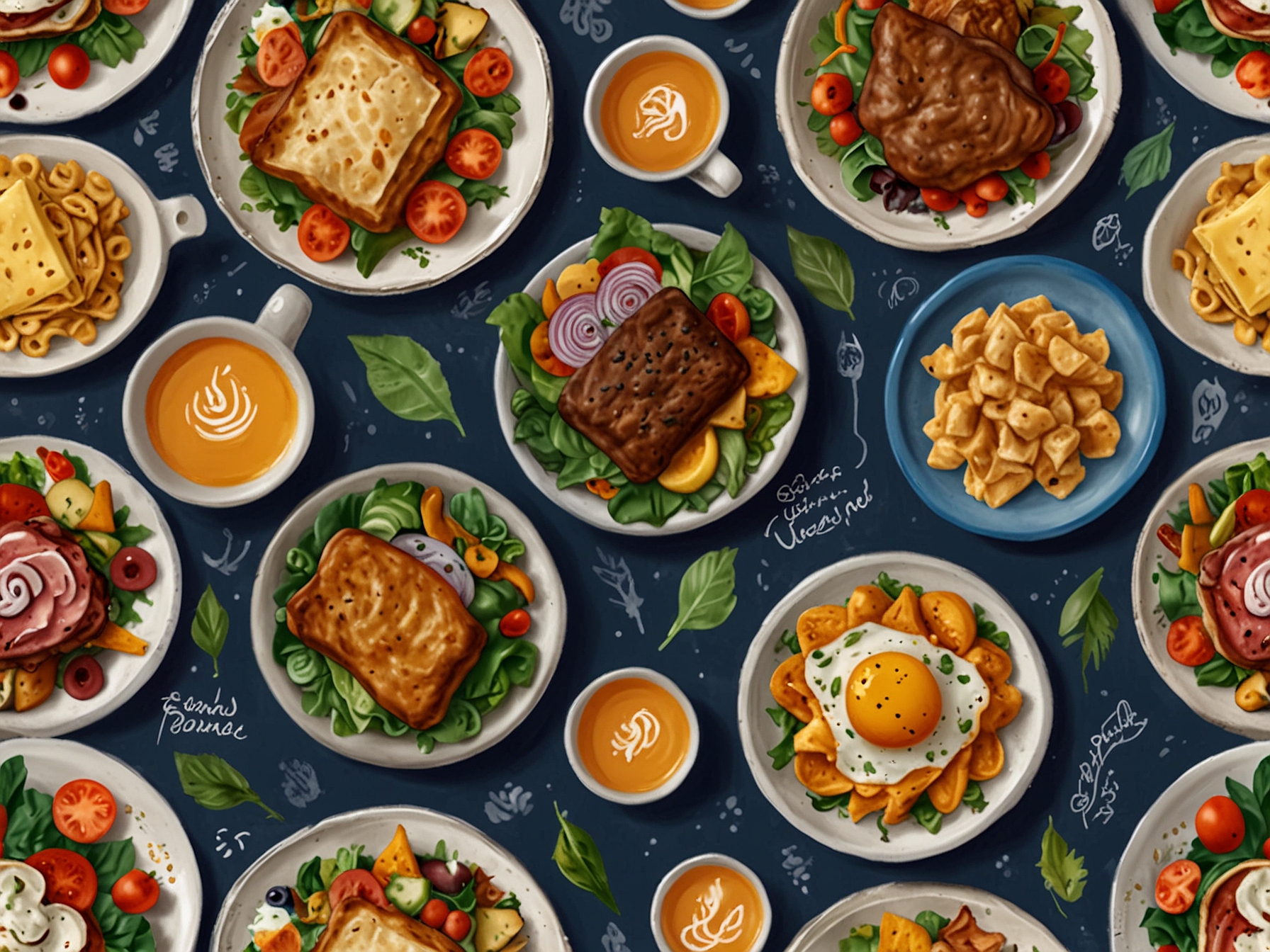 An array of Perkins' updated menu items, featuring hearty breakfast dishes, fresh salads, and vibrant plant-based meals, reflecting the modernized culinary offerings of the rebrand.