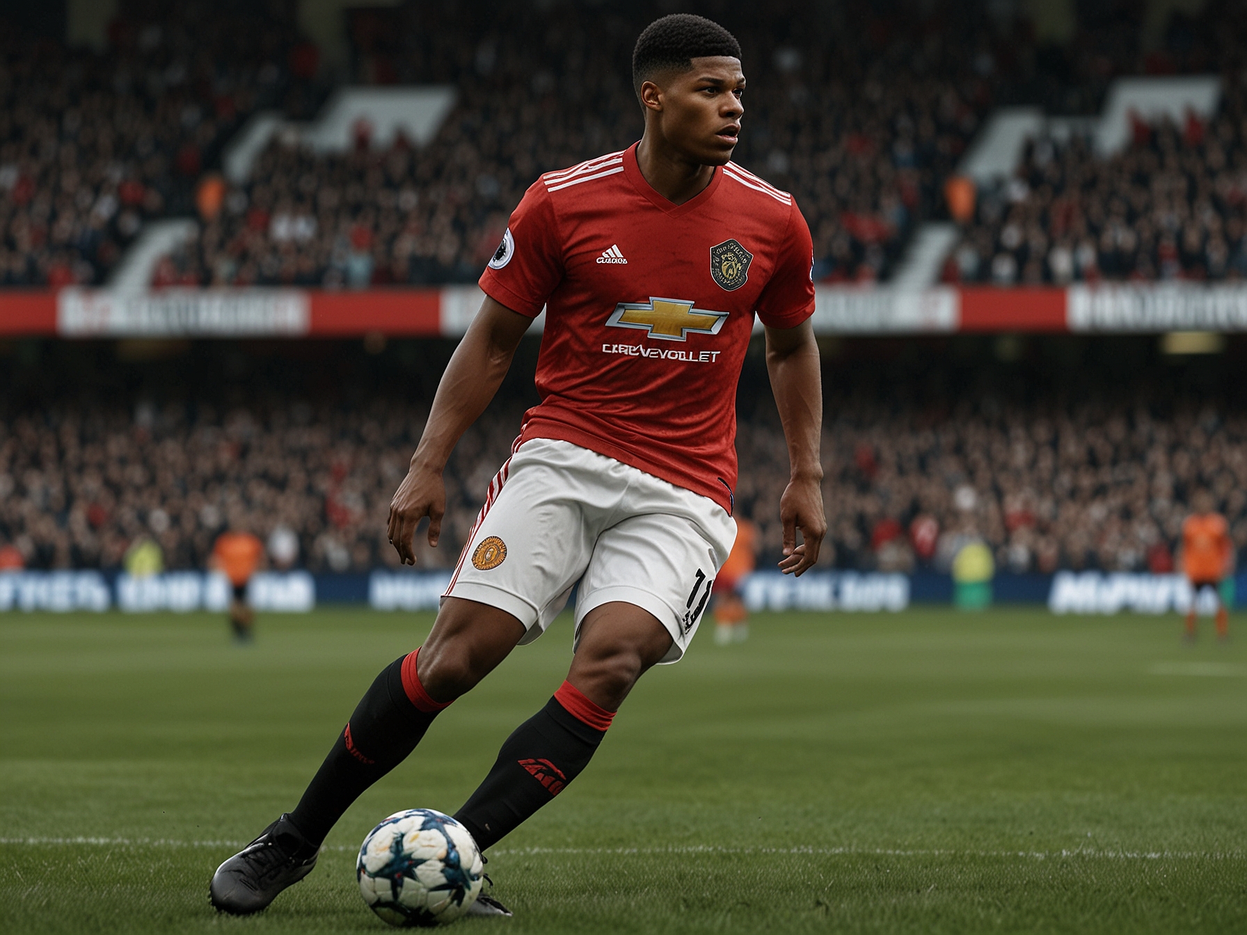 Marcus Rashford in Manchester United's kit during a Premier League match, showcasing his pace and agility as he navigates past defenders. His performance in such matches is crucial to his future at the club.