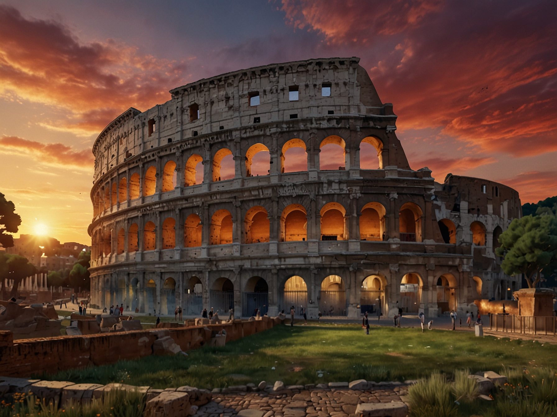 A picturesque view of Rome's Colosseum and the Roman Forum against a vibrant sunset, capturing the essence of Italy's rich history and architectural grandeur.