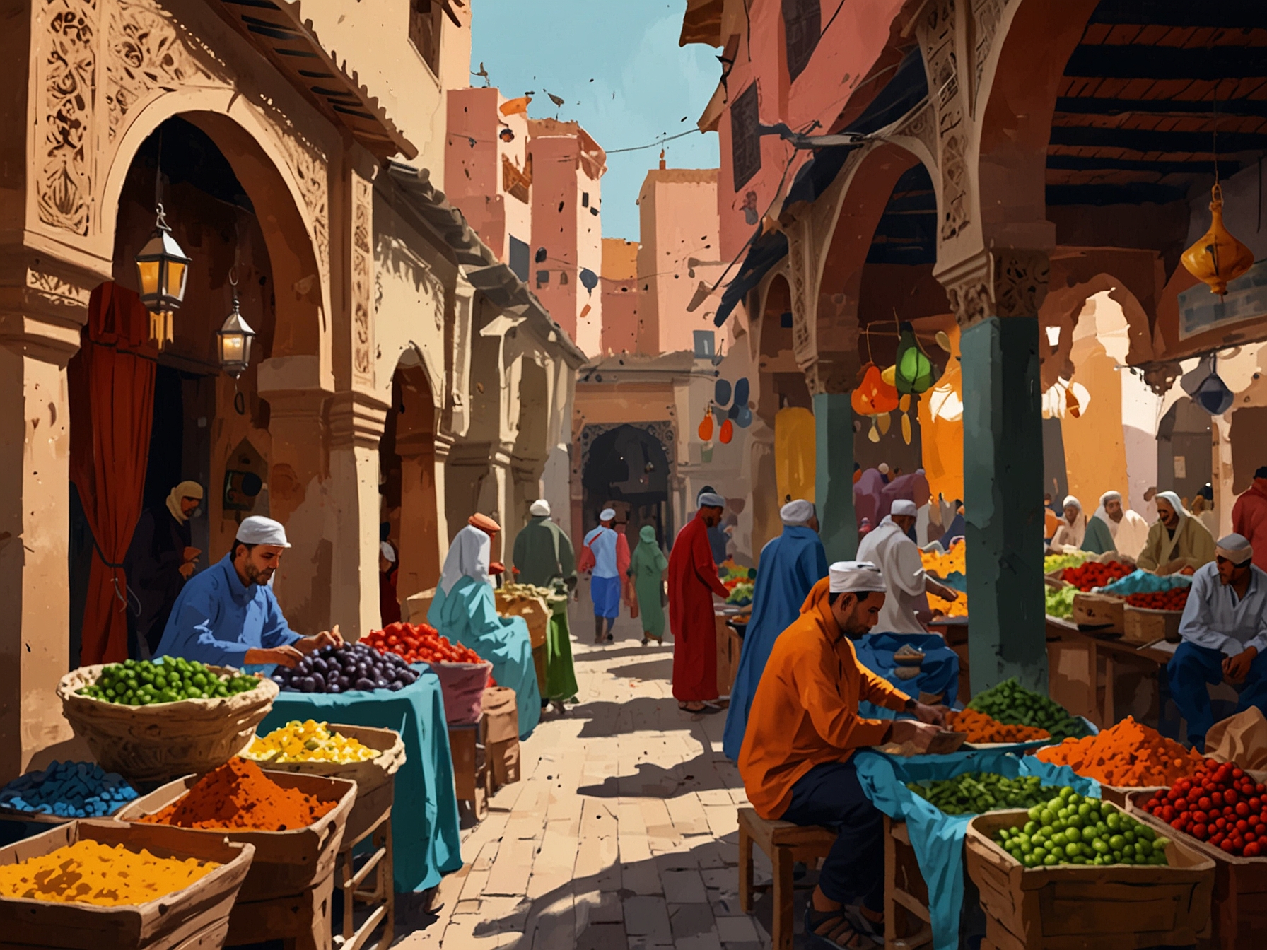 A bustling Moroccan market in Marrakech, filled with colorful souks, spices, and local vendors, showcasing the traditional and lively atmosphere of the ancient medina.