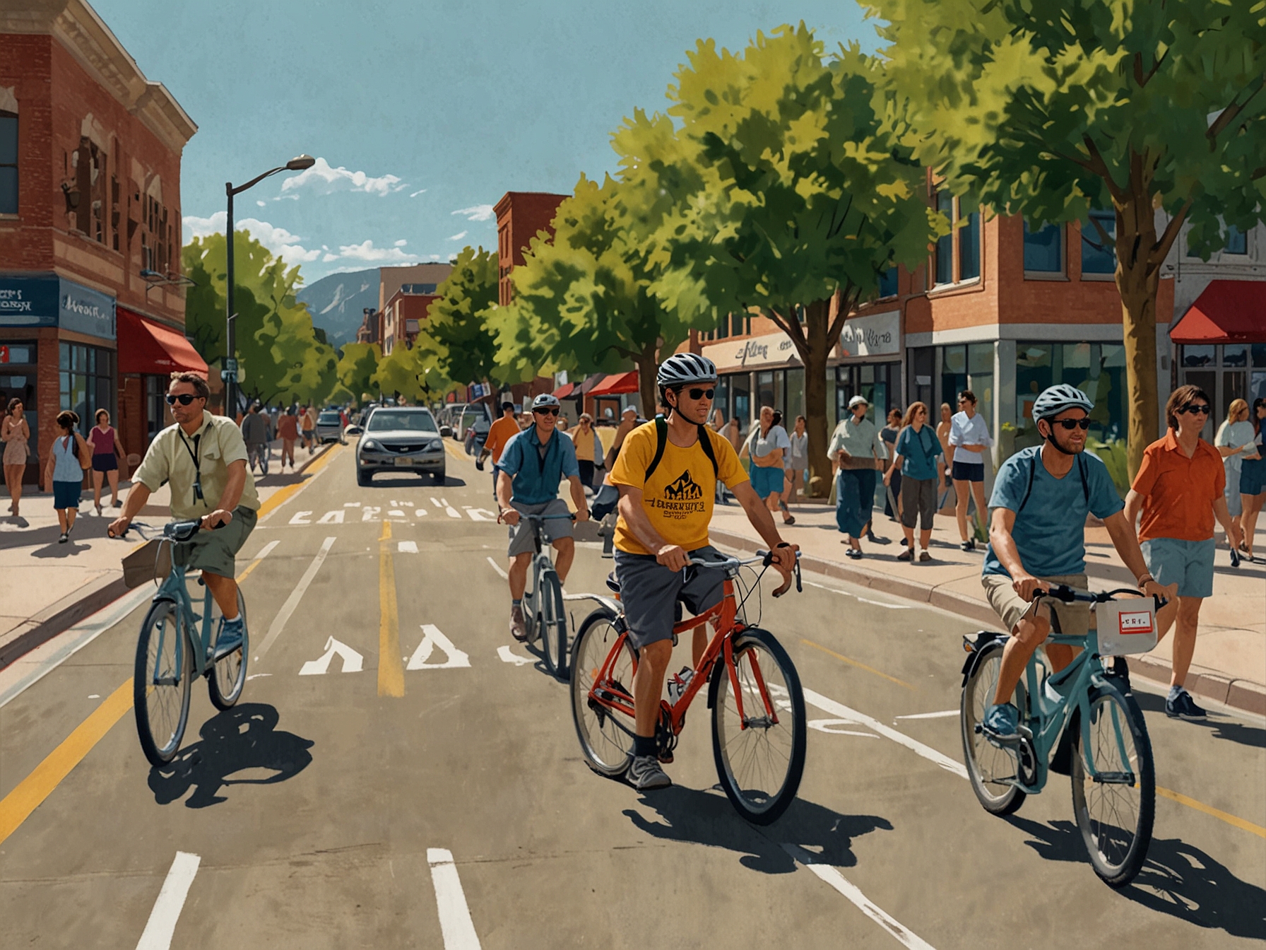 Illustration of a car-free zone in Boulder, featuring pedestrians and cyclists utilizing the space, representing the city's legislative efforts to reduce automobile dependency.