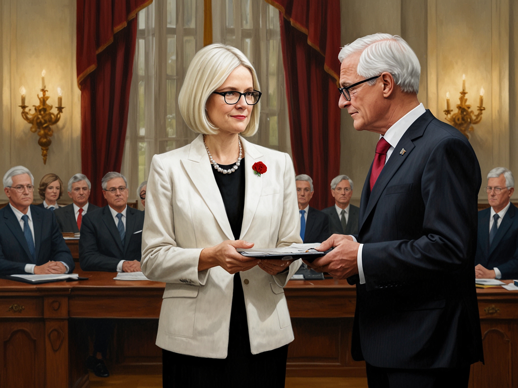 An illustration of Sam Mostyn being sworn in as the new governor general, highlighting the significance of the proposed salary increase which sets her annual remuneration to $709,017.