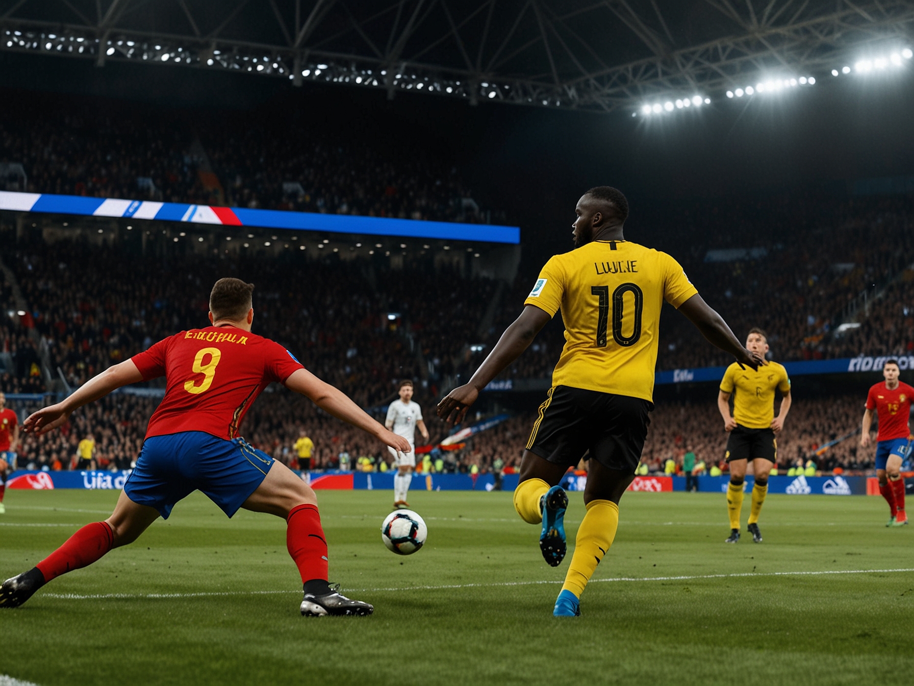 An intense moment during the Belgium vs Romania match, capturing Romelu Lukaku as he scores a goal that would later be disallowed after a VAR review for an offside position.