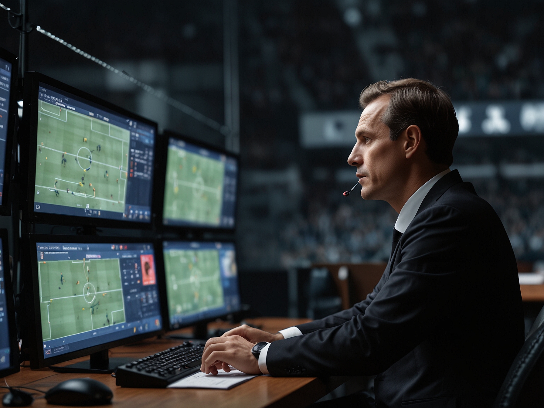A VAR official evaluating a potential offside during the match, with multiple screens and precise technology highlighting the slim margins that lead to disallowed goals.