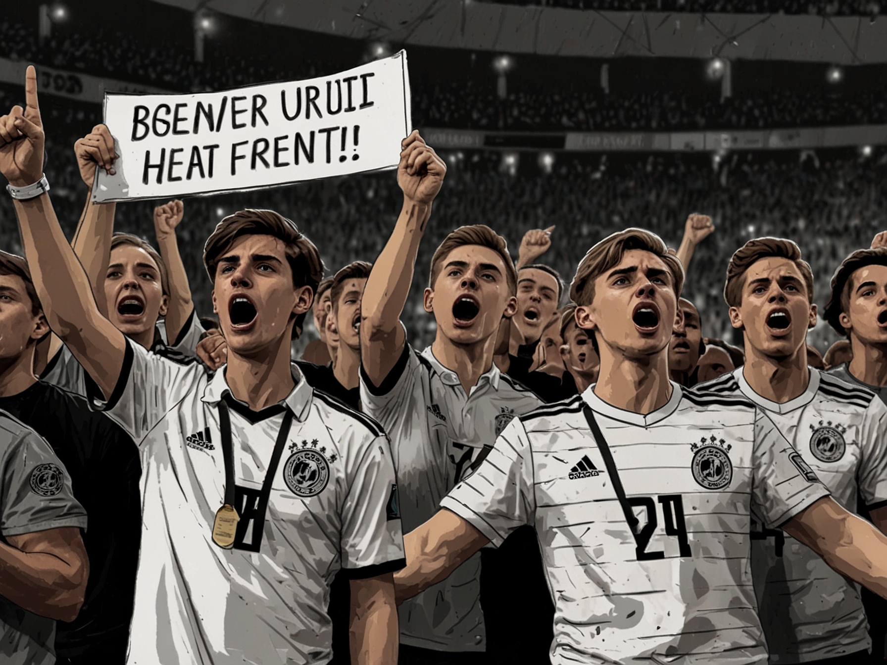Germany fans expressing their frustration in stands, holding banners with messages demanding the benching of Kai Havertz after his underwhelming performance against Switzerland.