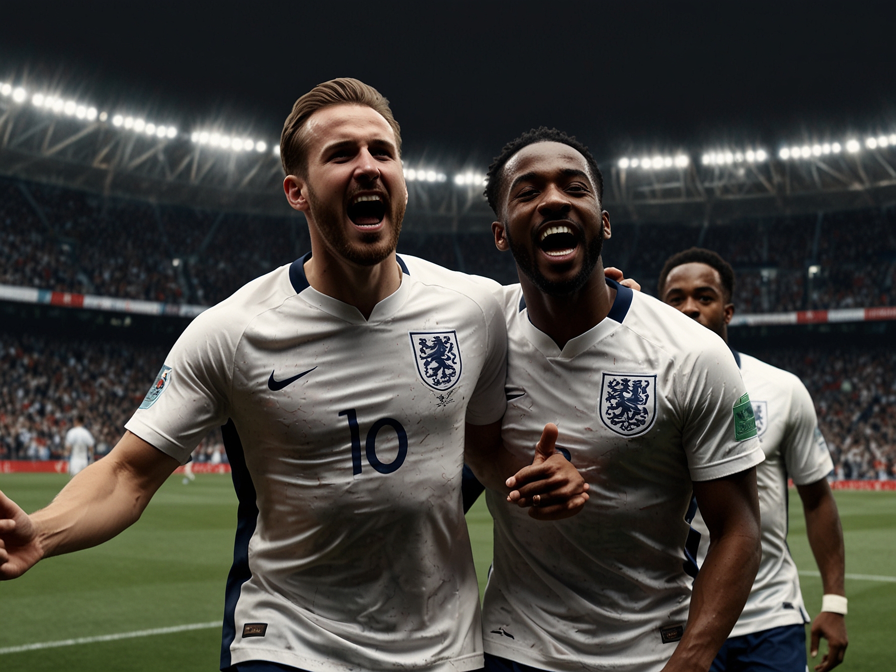 Illustration of England's national football team players, including Harry Kane and Raheem Sterling, celebrating a victory during a group match in Euro 2024.