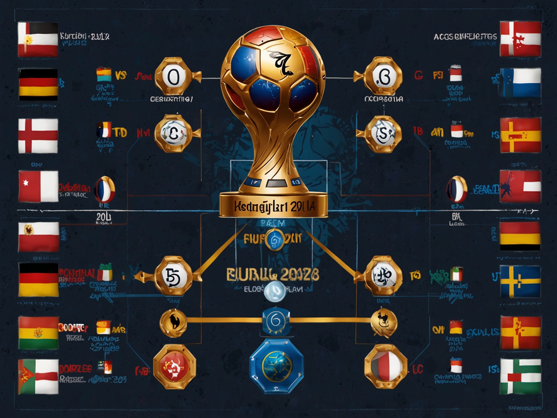Graphic showing the bracket of Euro 2024, highlighting the easier knockout path for Group C winners and the tougher route for runners-up facing teams like Germany and Portugal.