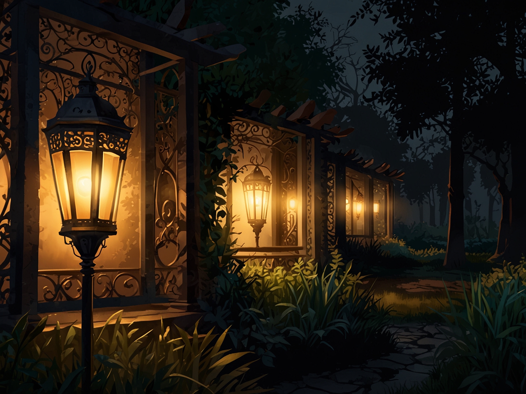 A beautifully designed garden lantern casting enchanting shadows and a warm glow, setting a magical ambiance in a lush garden during the evening hours.
