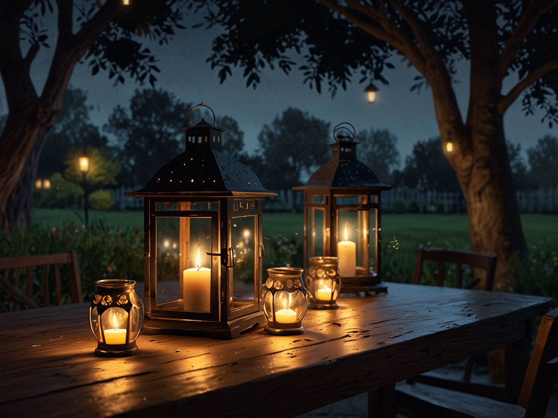 Several intricately designed garden lanterns adorning an outdoor table, creating a charming and cozy setting for an evening dinner party in the garden.