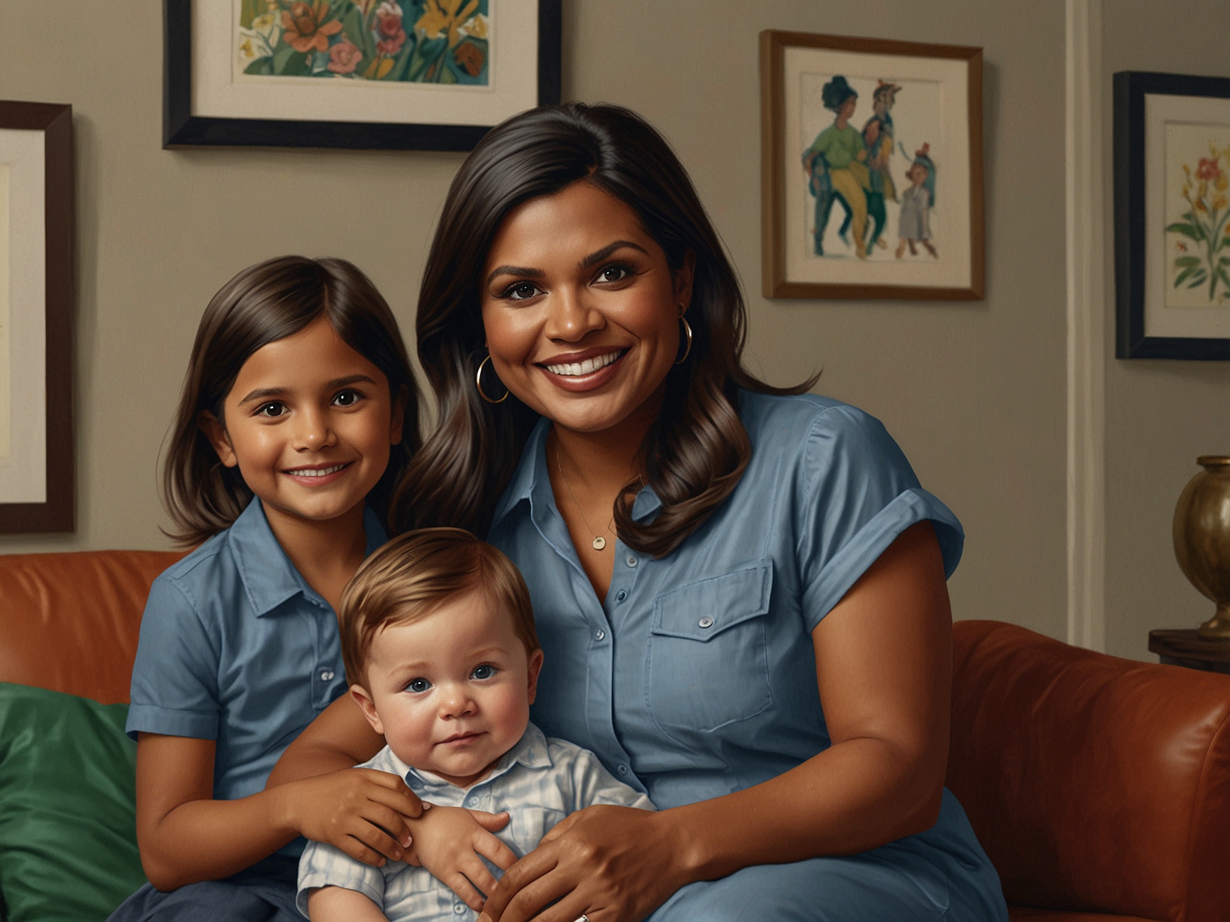 Mindy Kaling is seen smiling with her three kids: newborn Anne in her arms, 6-year-old Katherine standing proudly next to her, and 3-year-old Spencer curiously peeking at his baby sister.