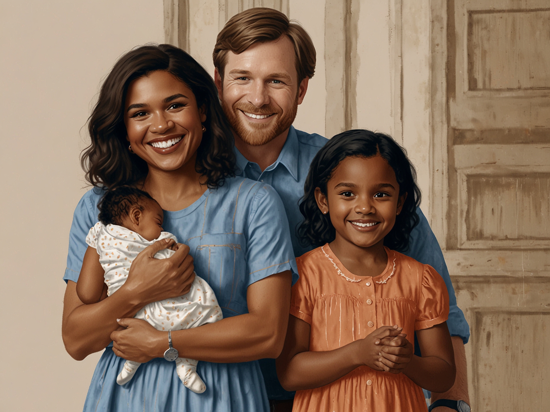 A heartwarming family moment captured: Katherine gently cradles her baby sister Anne, while Spencer looks on with a wide grin. Mindy Kaling stands behind them, beaming with pride and joy.