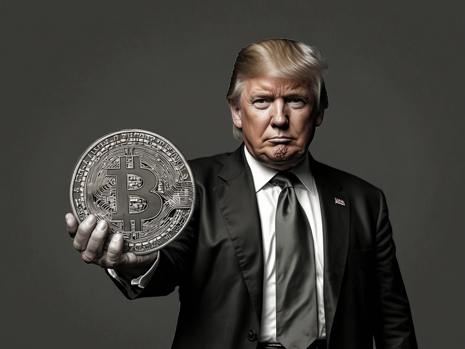 Donald Trump holding a Bitcoin symbol, representing his shift from criticizing to accepting Bitcoin donations for his reelection campaign.