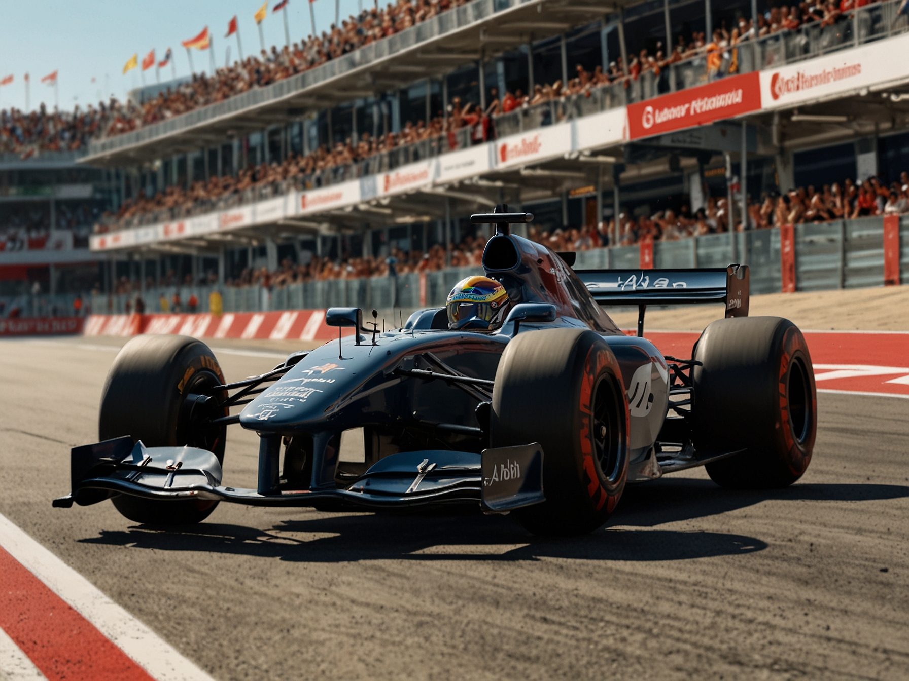 Abbi Pulling crosses the finish line at the Circuit de Barcelona-Catalunya, leading the inaugural F1 Academy race by a significant margin and showcasing her outstanding driving skills.