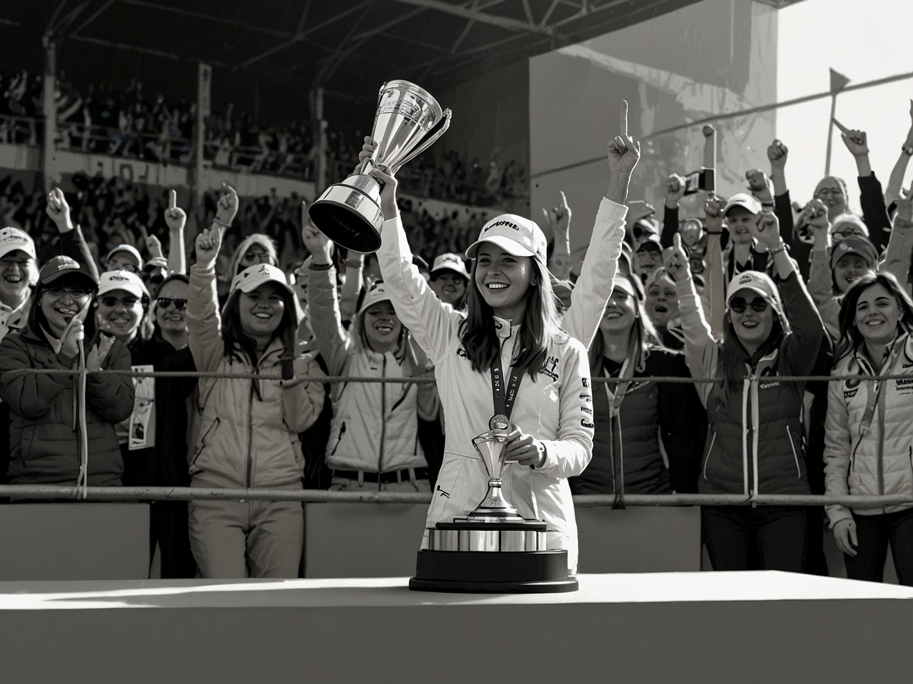 Abbi Pulling celebrates her victory on the podium, holding the first-place trophy amidst cheering fans and fellow competitors, making a significant mark for women in motorsport.