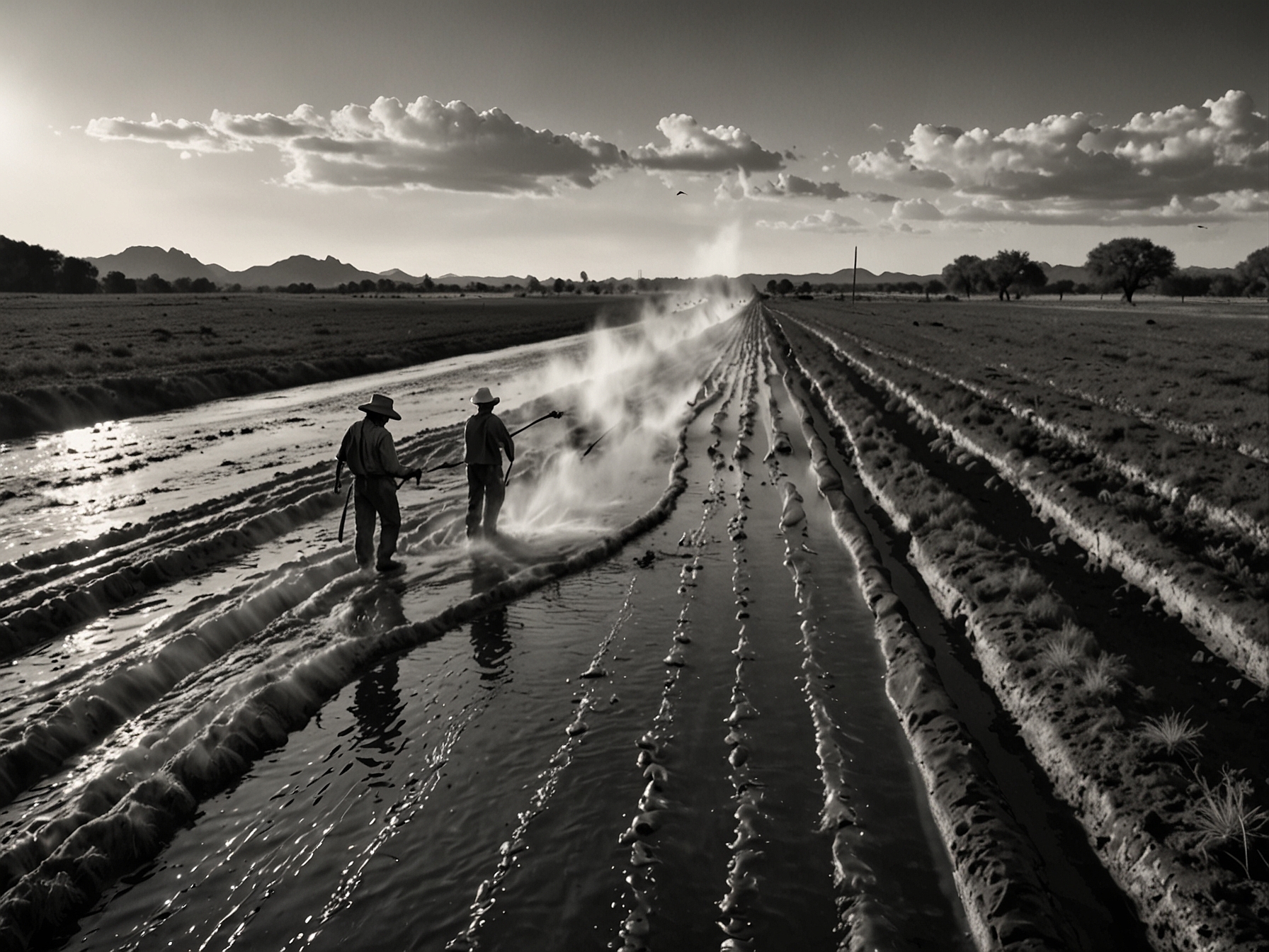 Farmers irrigating fields along the Rio Grande in Texas, emphasizing the importance of water allocations for agricultural productivity and the potential impact of the Supreme Court's decision.