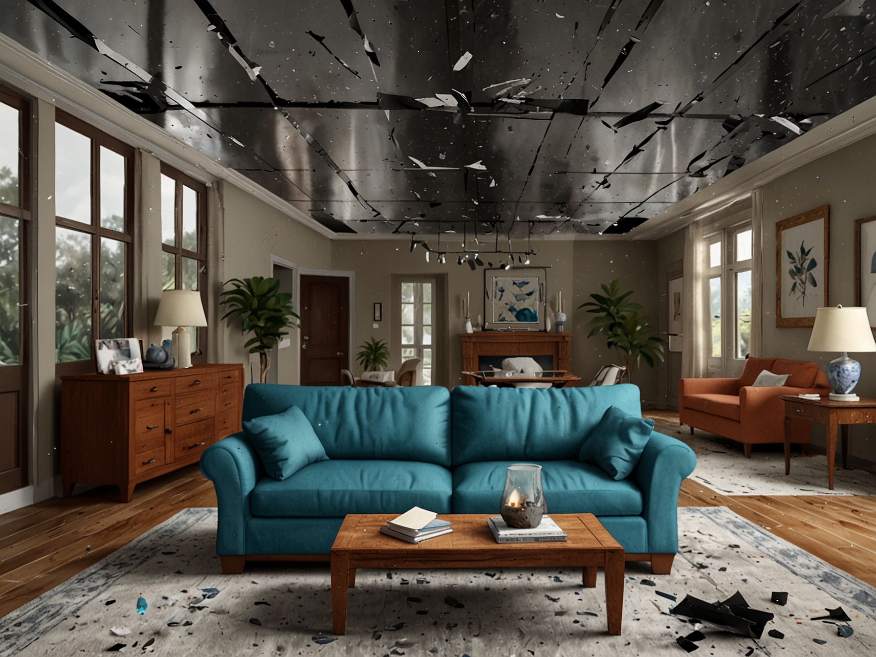 The Otero family's home in Naples, Florida, showing the significant damage caused after a piece of space debris crashed through their roof, with shattered glass and scattered furniture.