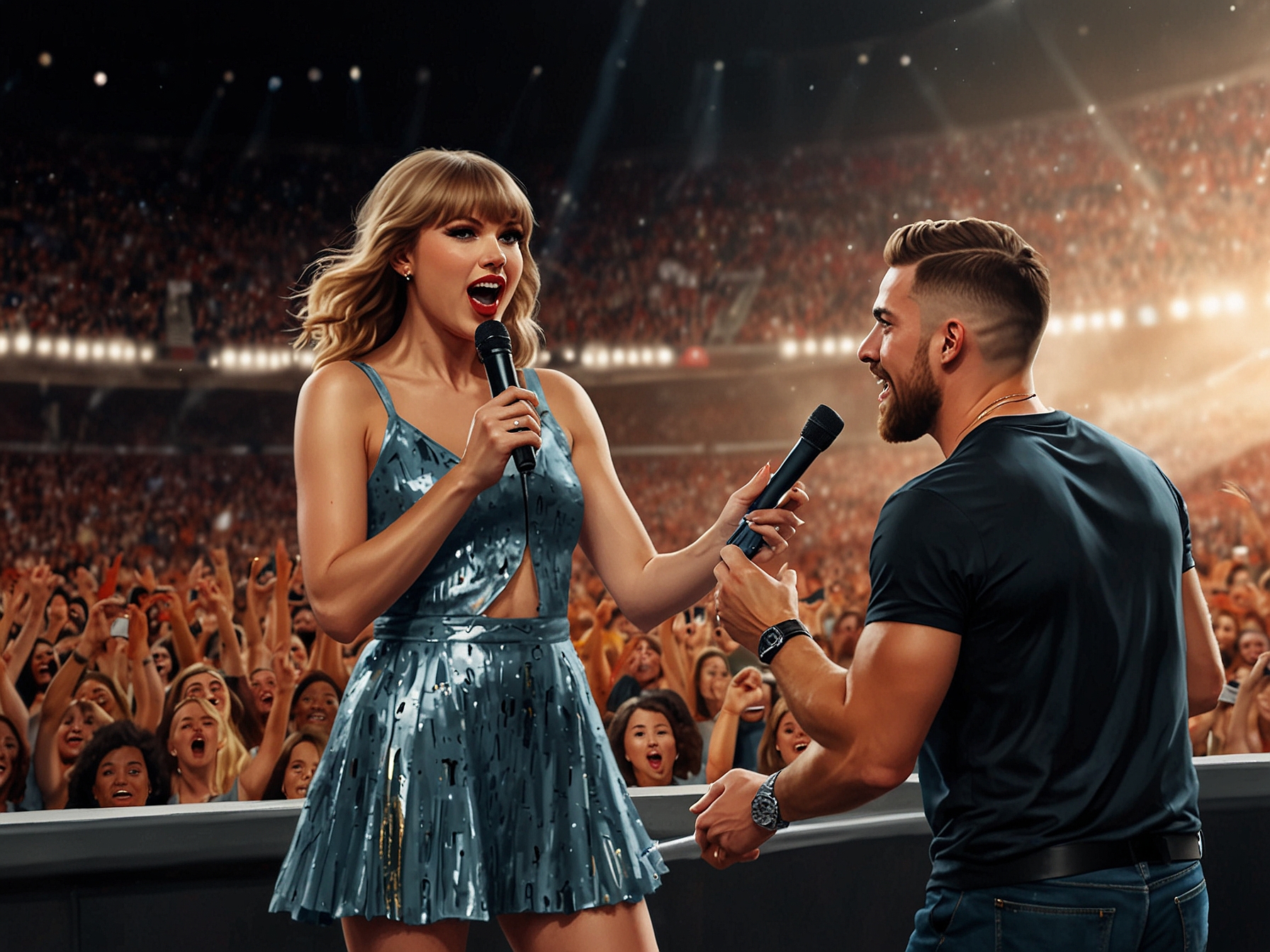Taylor Swift performing at Wembley Stadium, with Travis Kelce making a surprise onstage appearance. The stadium crowd is electrified, capturing the magical moment with their phones.