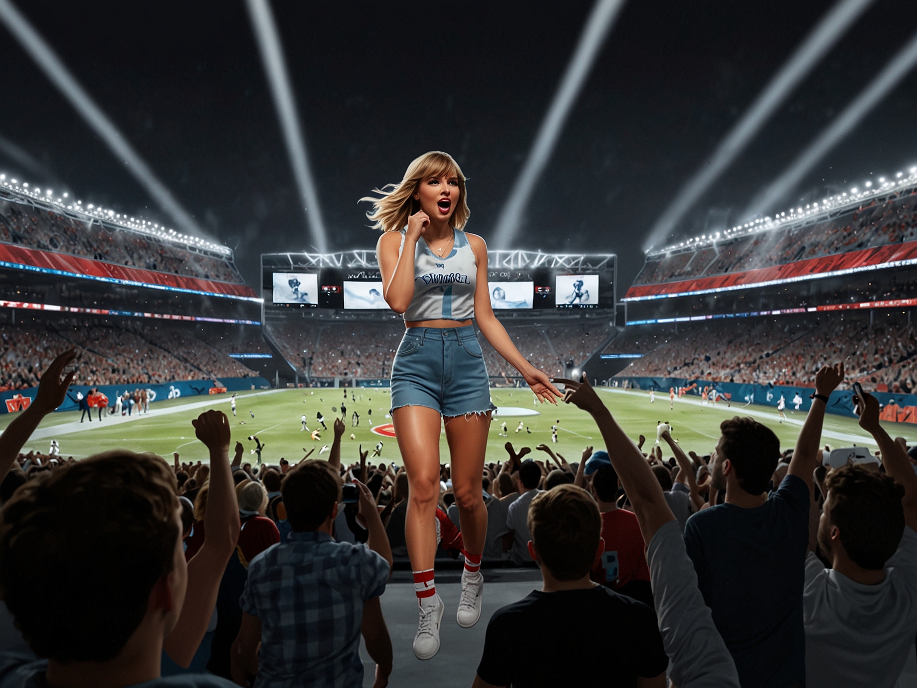 Fans at Wembley Stadium react joyfully as Taylor Swift teases a special guest before NFL star Travis Kelce walks onto the stage, amplifying the concert's entertainment value.