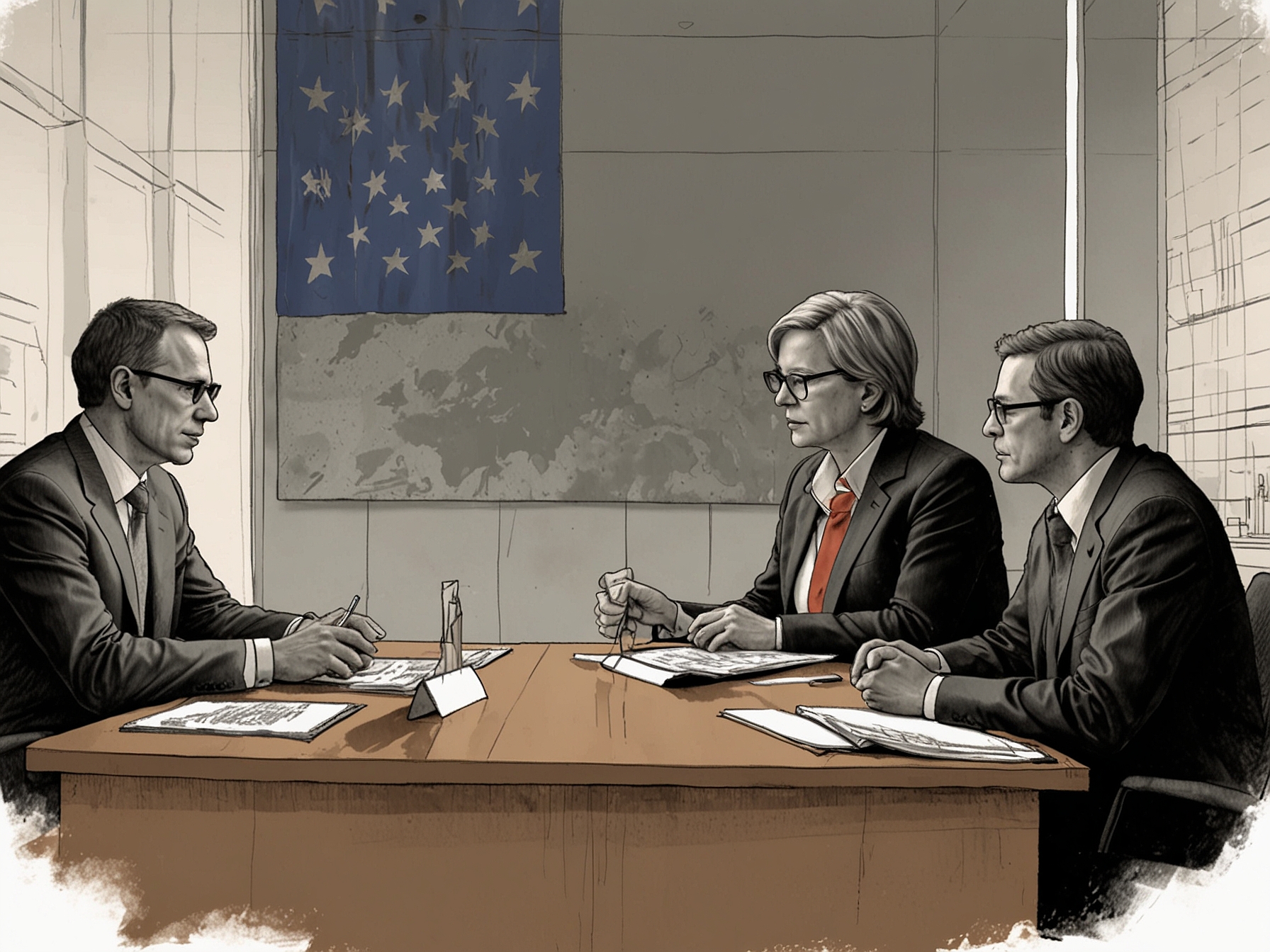 An illustration of Microsoft executives in a heated discussion, with the European Union flag in the background, symbolizing the ongoing antitrust investigation into the company's bundling practices.