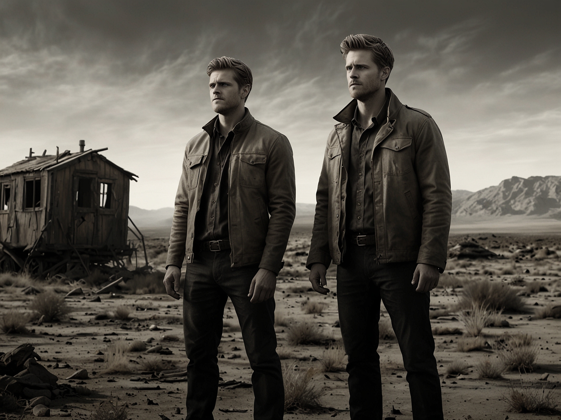 Aaron Tveit, Alexander Ludwig, and Jessica Frances Dukes in character, standing in a desolate, post-apocalyptic landscape, capturing the essence of survival and human resilience.