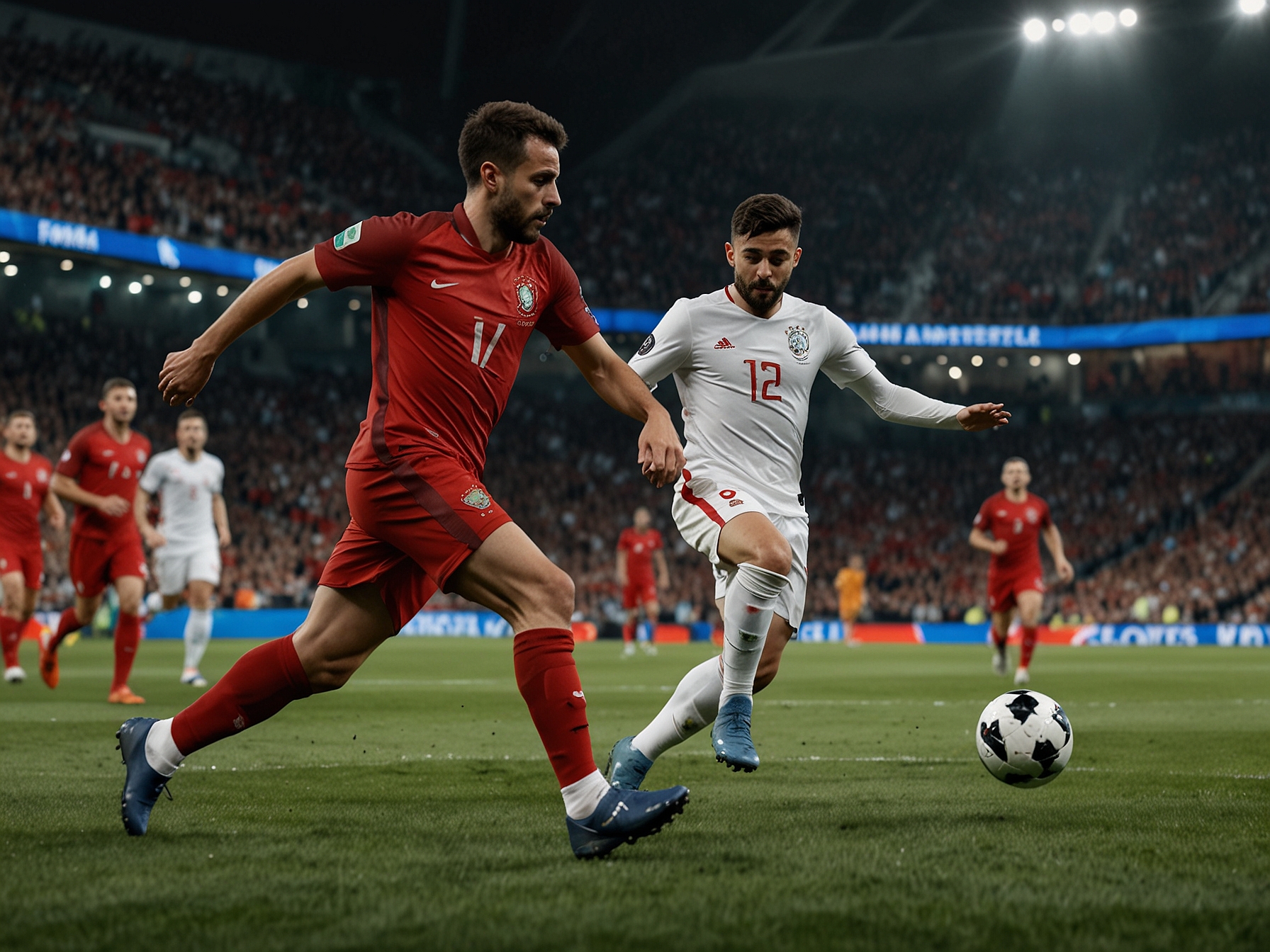 Bernardo Silva scores the opening goal against Turkey with a spectacular curled shot from the edge of the box, putting Portugal in the lead during their UEFA Euro 2024 match.