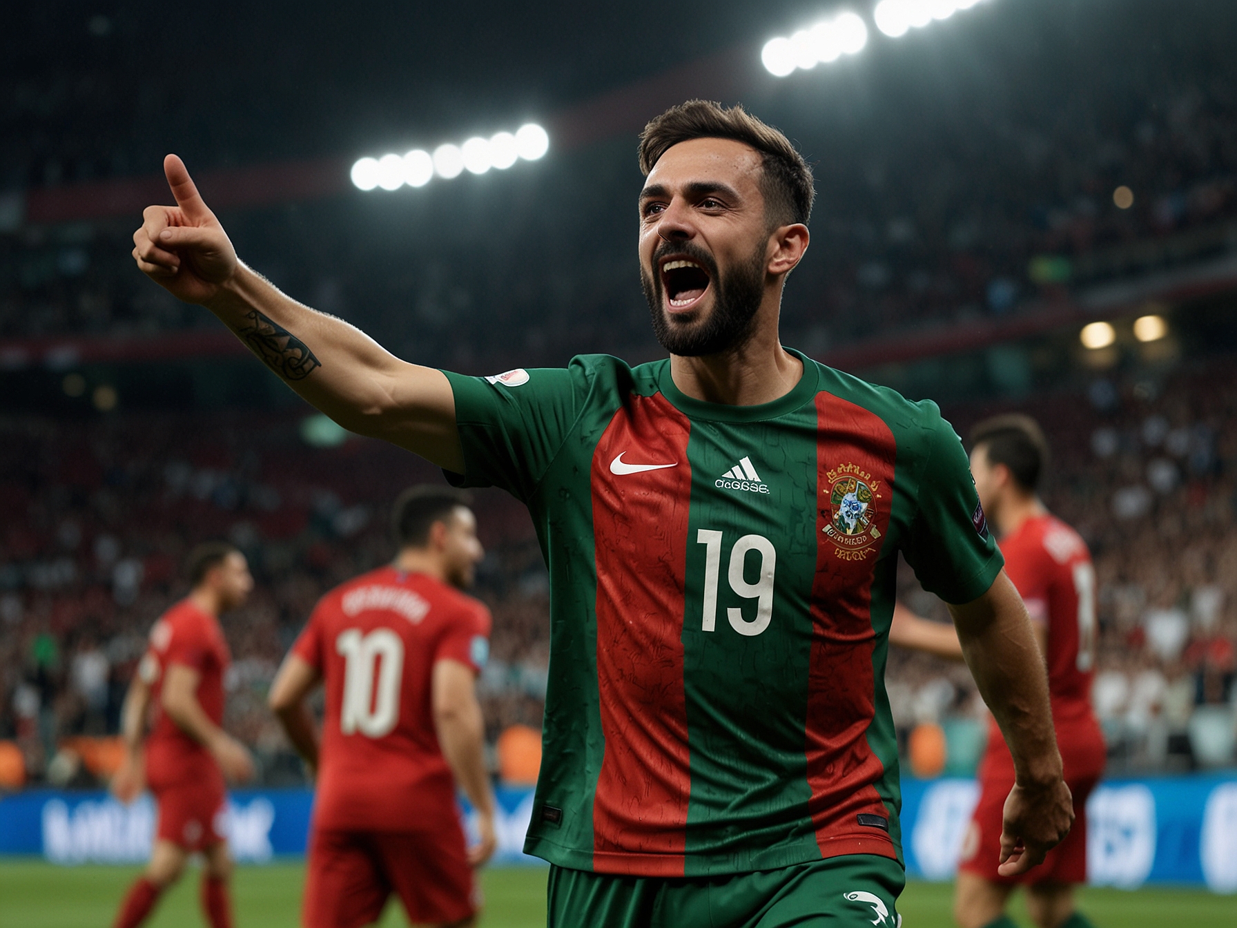 Bruno Fernandes celebrates his second goal of the match after a well-coordinated team move, sealing Portugal's 3-0 victory over Turkey in UEFA Euro 2024.