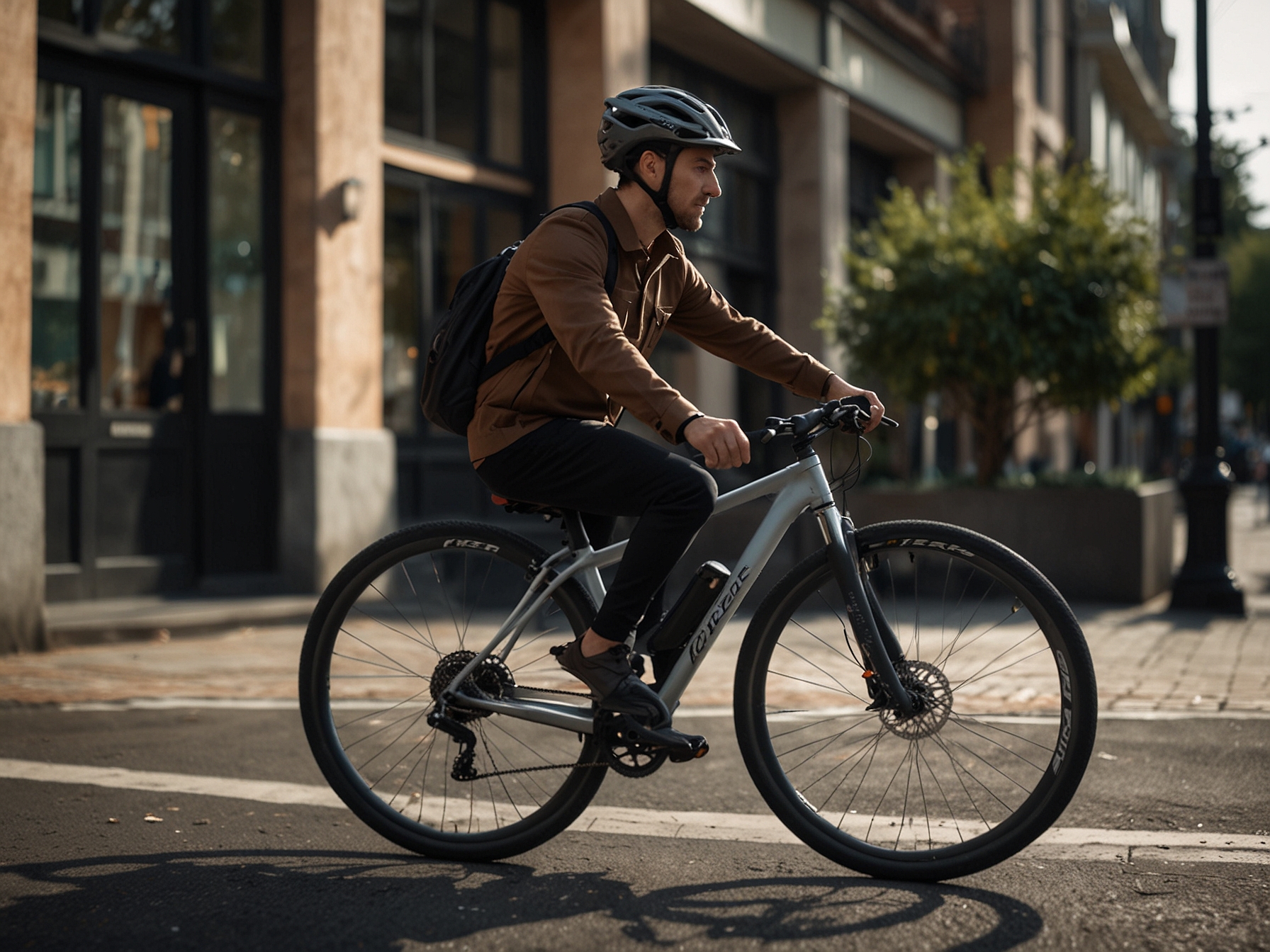 Image of the Orbea Diem 30 e-bike in an urban setting, showing its sleek design and aluminum frame. Riders can easily navigate through busy streets featuring integrated lighting and ergonomic components.