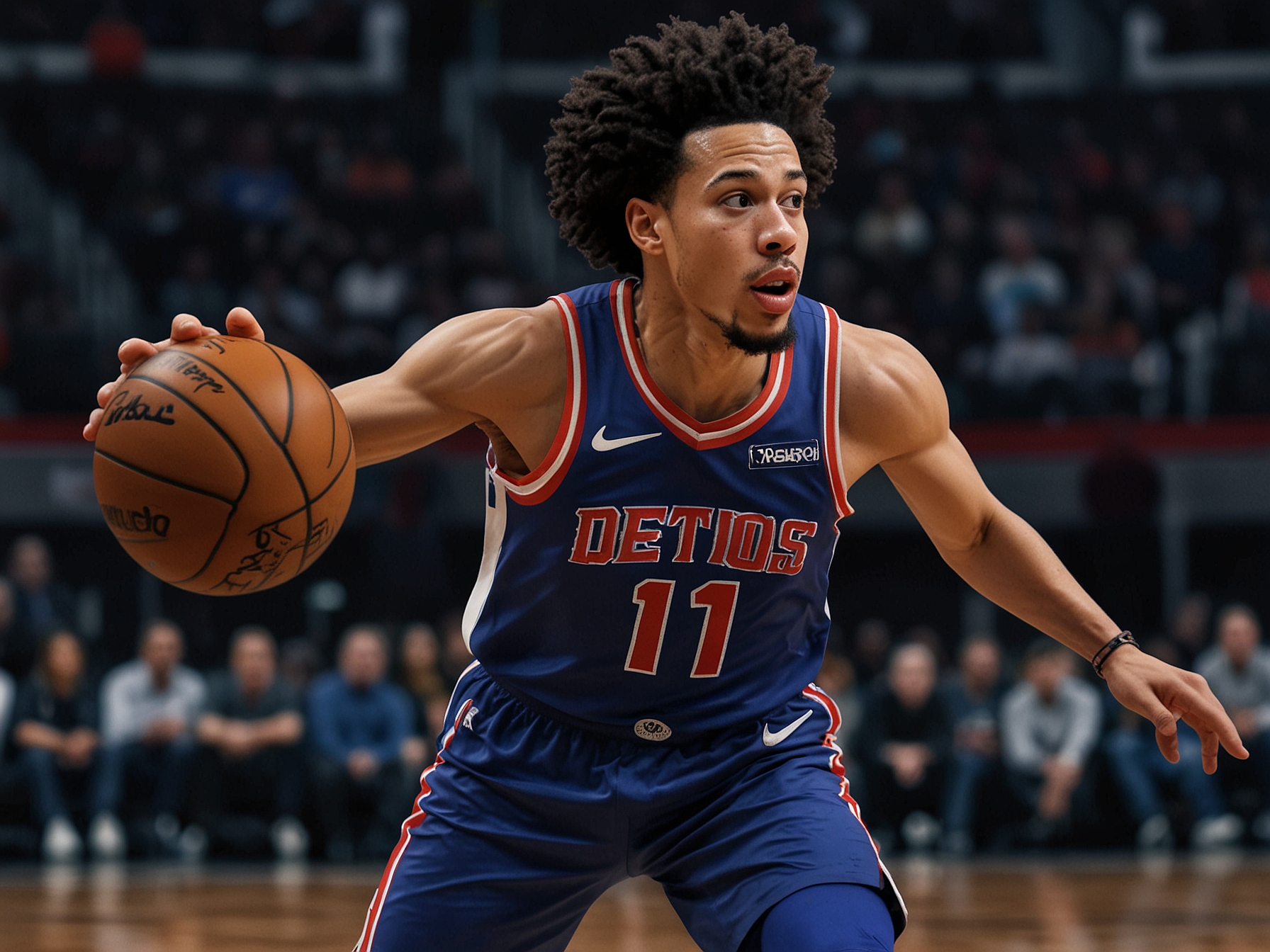 A dynamic depiction of Cade Cunningham in action during a game, highlighting his importance to the Detroit Pistons' future strategy and potential roster changes.