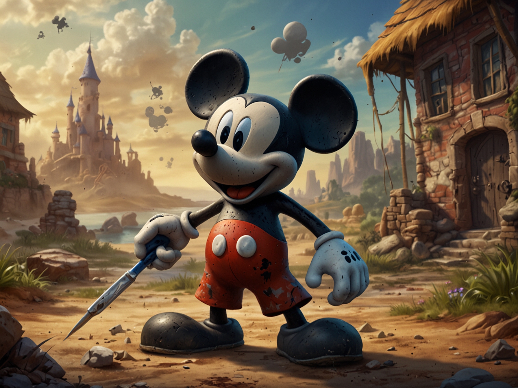 A vibrant scene from Disney Epic Mickey: Rebrushed showing Mickey Mouse using his magical paintbrush in Wasteland, with updated high-definition graphics and dynamic lighting.