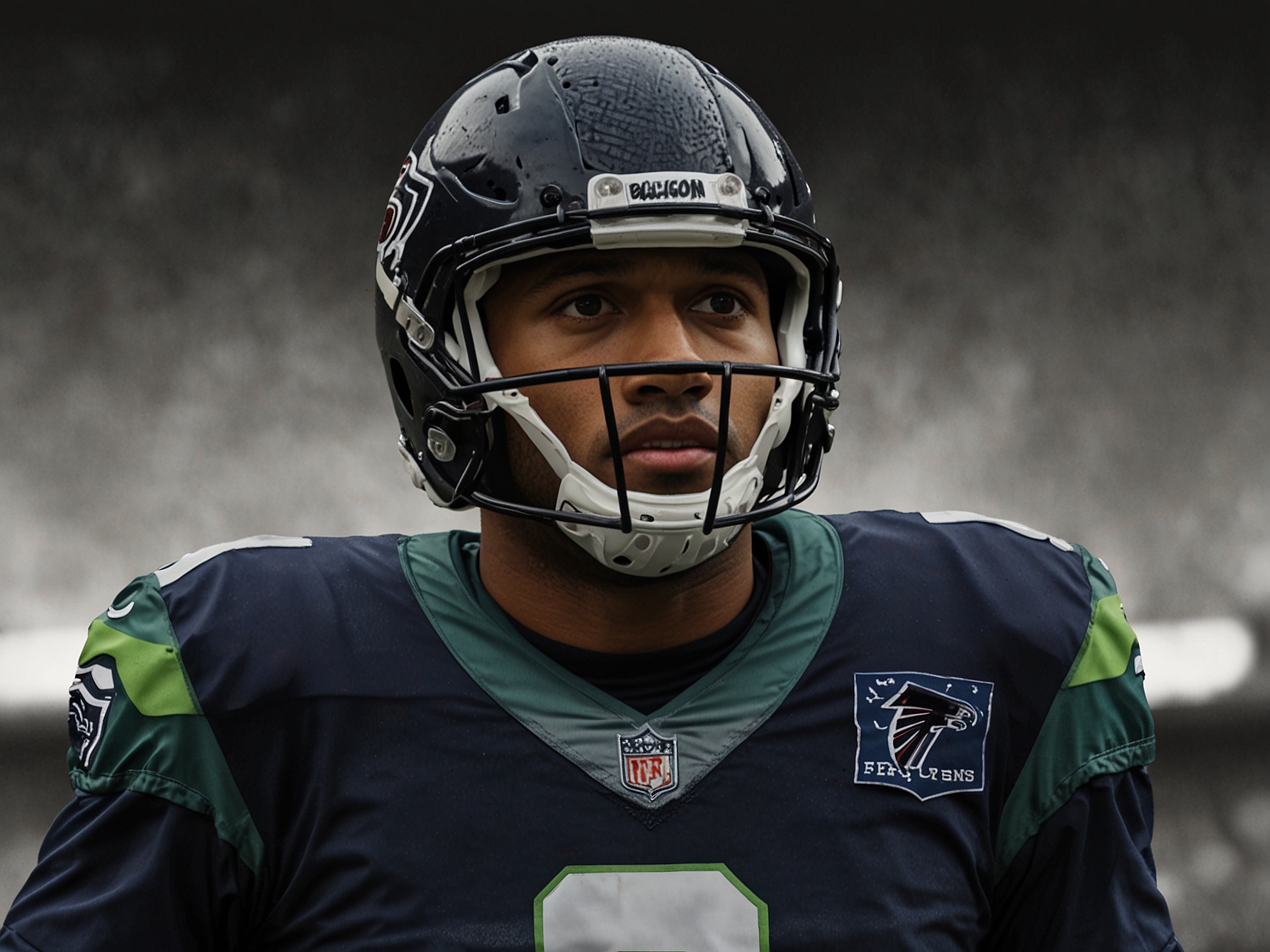 An artist's rendering of Russell Wilson in an Atlanta Falcons uniform, illustrating the speculative scenario where Wilson could have led the team under Arthur Smith's coaching.
