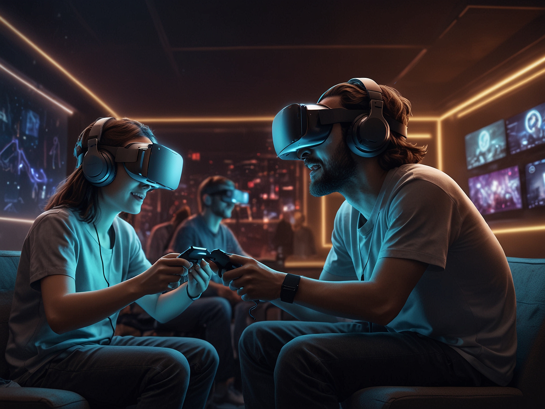 Image of gamers wearing VR headsets engaging in immersive gameplay, illustrating the current state and potential future of virtual reality within Sony's gaming ecosystem.