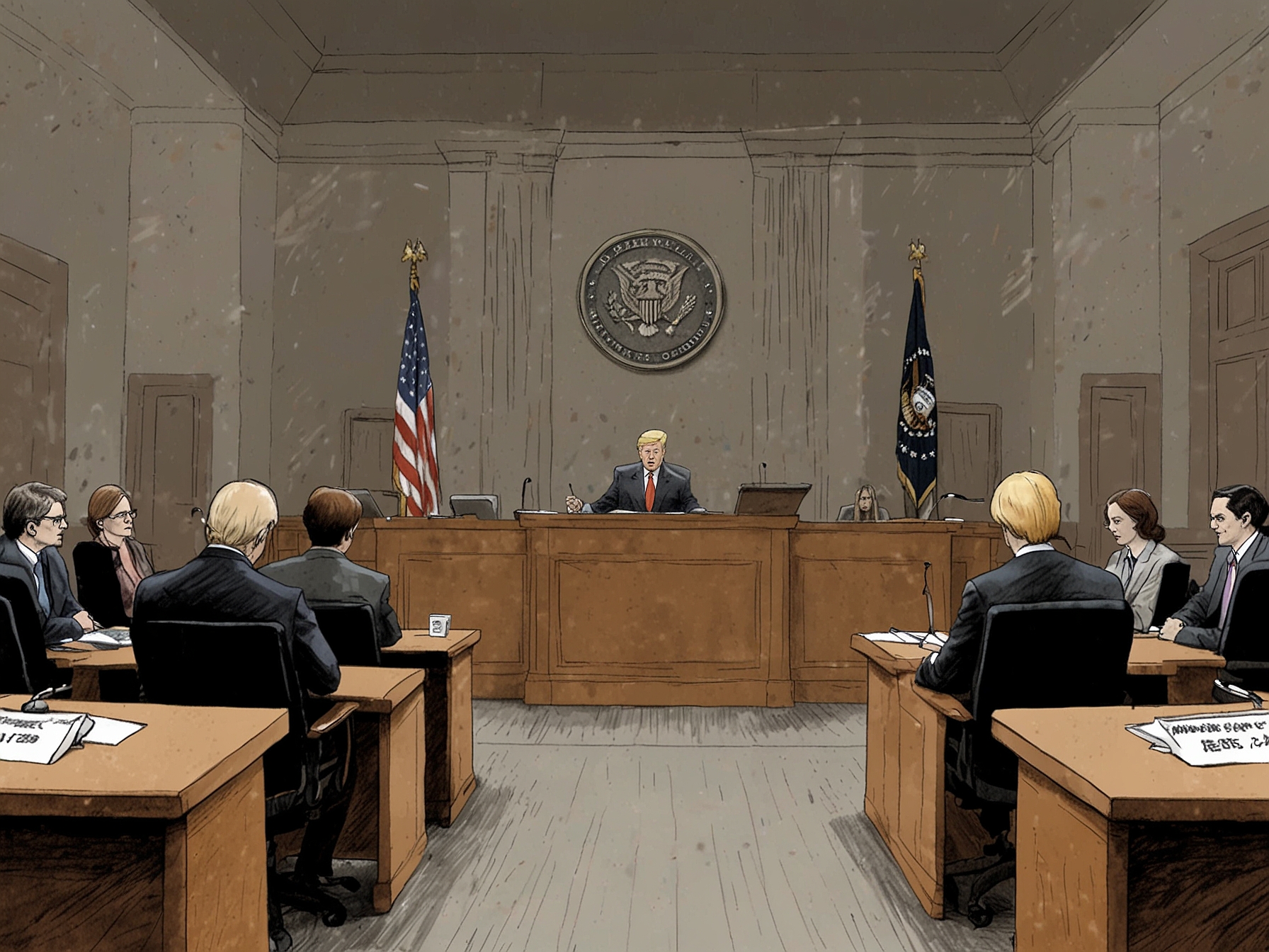 Illustration of a federal courtroom with prosecutors presenting evidence to a judge, emphasizing the need to limit Donald Trump's inflammatory remarks about the FBI.