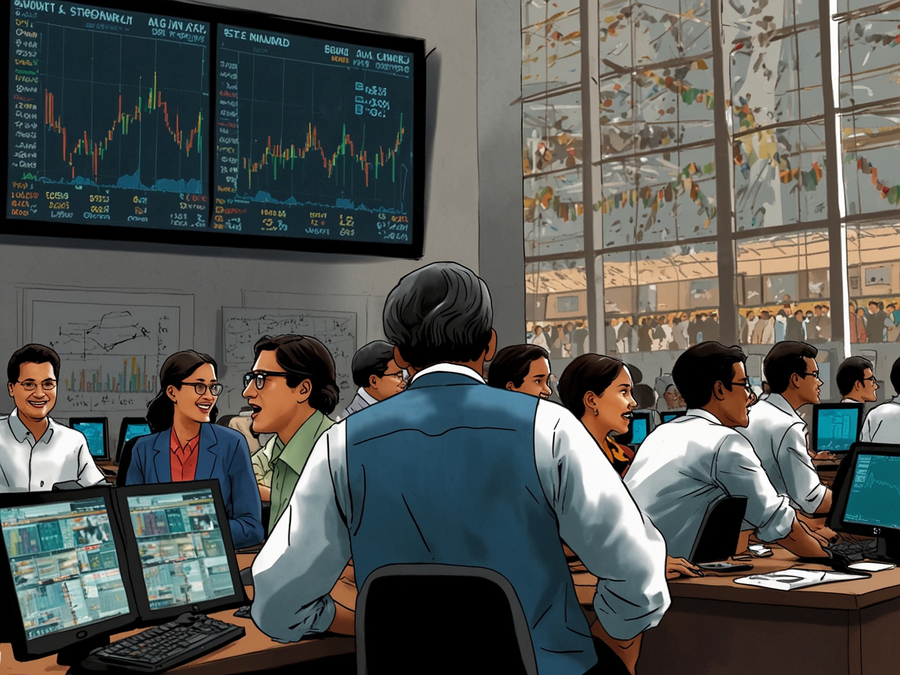 Investors celebrating in a busy trading room as the NSE Nifty hits an all-time high, with screens displaying rising stock prices of major private banks such as ICICI Bank and HDFC Bank.
