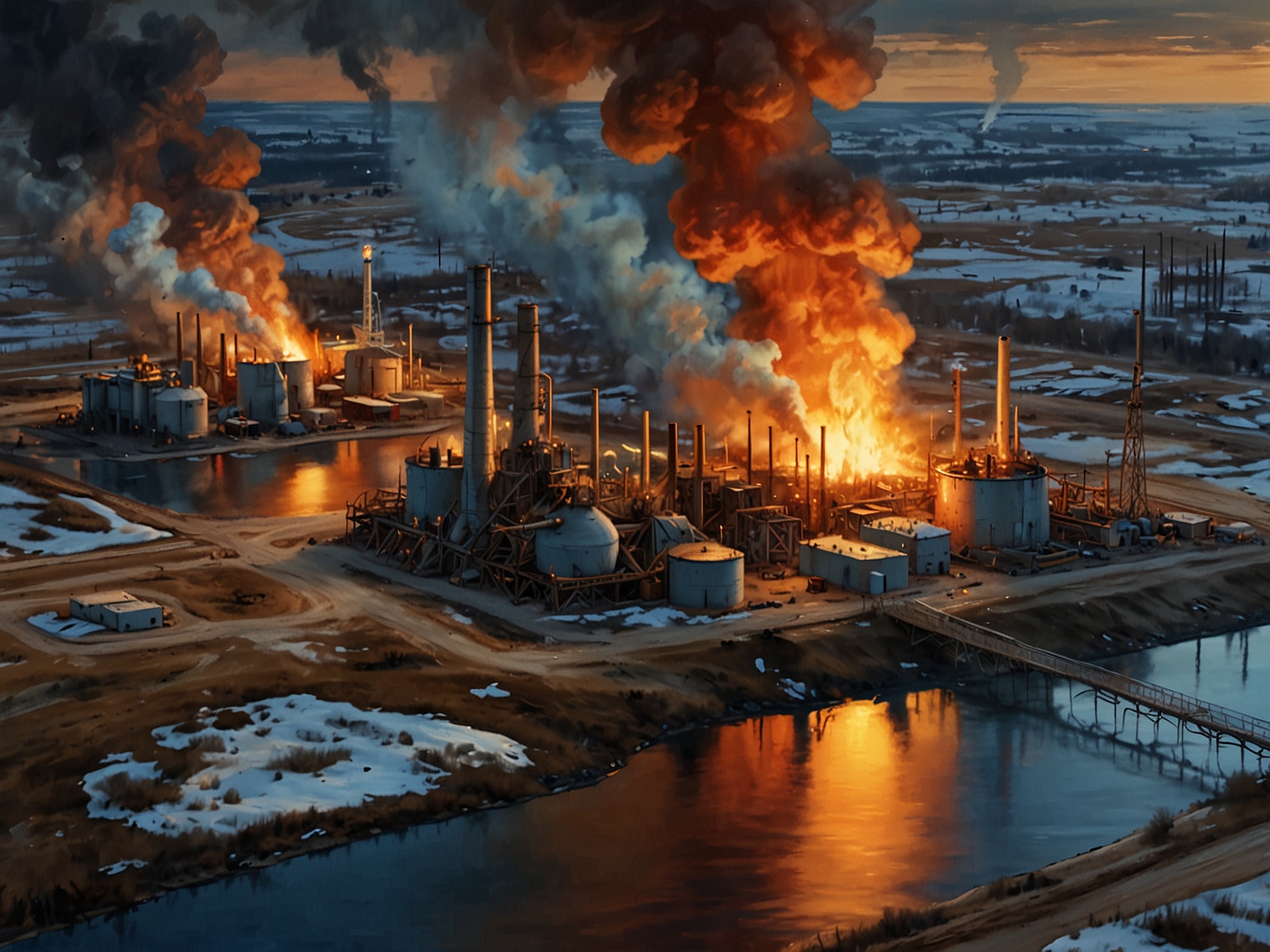 An aerial view of an oil extraction site in Alberta with gas flaring towers burning off excess natural gas, signifying the environmental challenge posed by this practice.