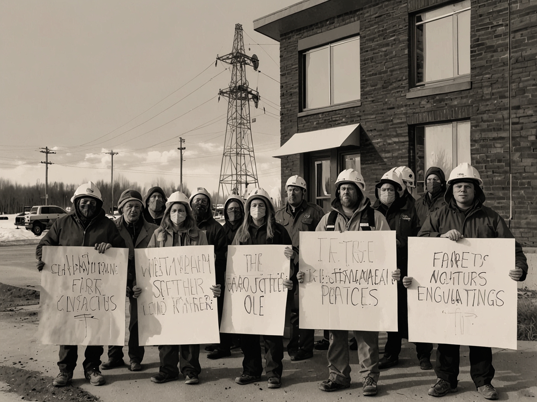 Environmental activists protest outside an oil and gas company’s office in Alberta, holding placards demanding stricter flaring regulations and better environmental practices.