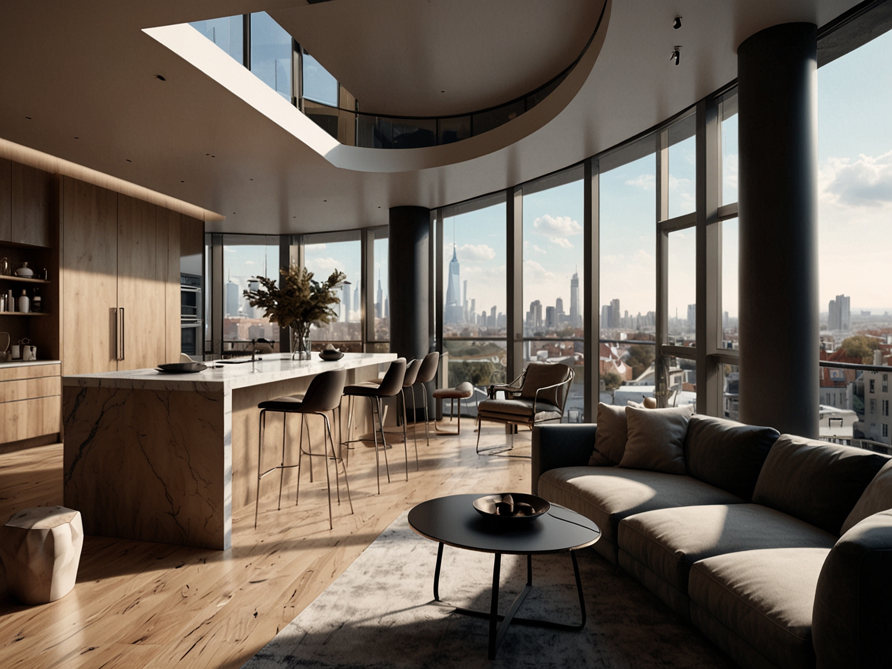 Interior of the luxurious penthouse, featuring a custom-designed kitchen, floor-to-ceiling windows, and a private rooftop terrace with scenic views.