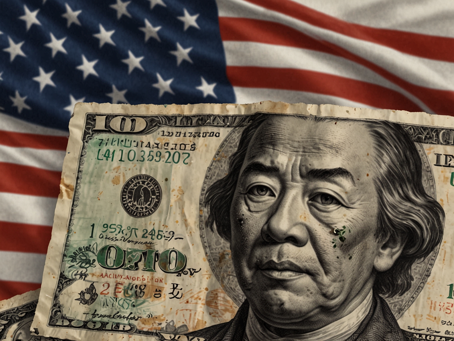 Depiction of a weakened yen against the US dollar, symbolizing the currency's depreciation and its impact on Japan's export sector and overall economic stability.