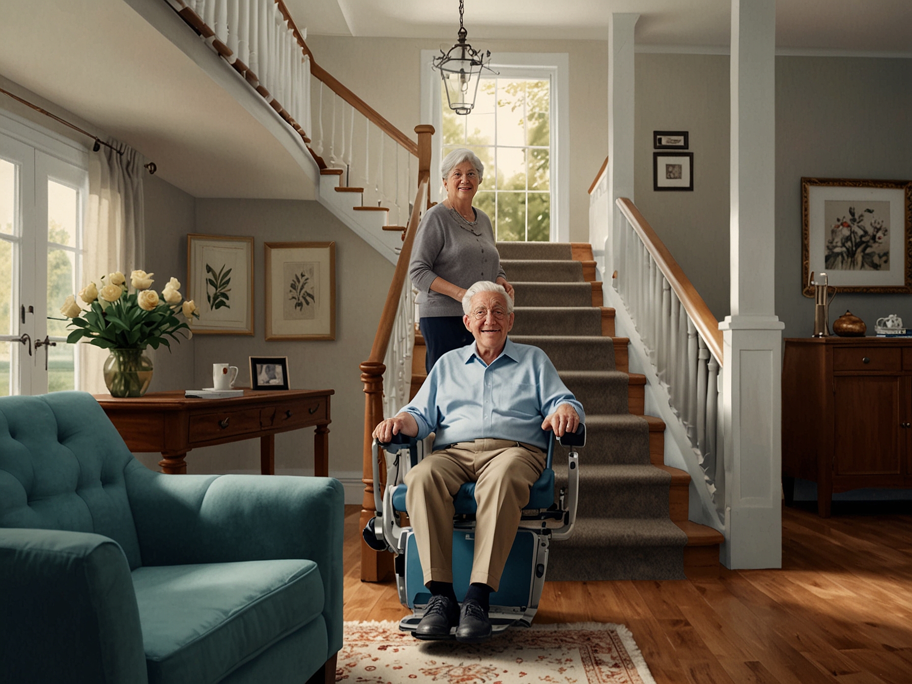 An elderly couple enjoying time in their living room, showcasing a stairlift installed along the staircase, emphasizing the importance of home modifications for aging in place.