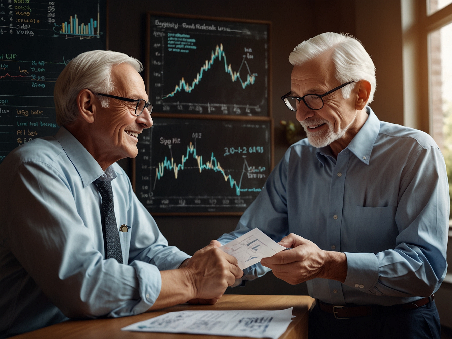 Illustration of a financial advisor explaining the benefits of floating-rate loans to a retiree, highlighting EFR's potential as a stable income source amidst rising interest rates.
