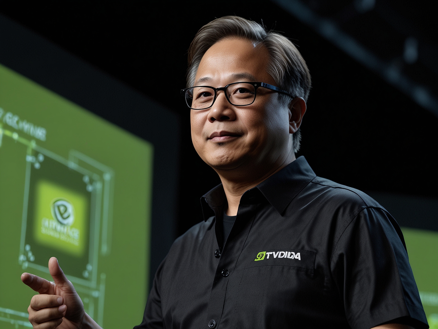 Illustration of Nvidia's CEO Jensen Huang presenting new innovations. Nvidia's cutting-edge GPUs and diversified products in AI, data centers, and autonomous vehicles signify its growth potential.