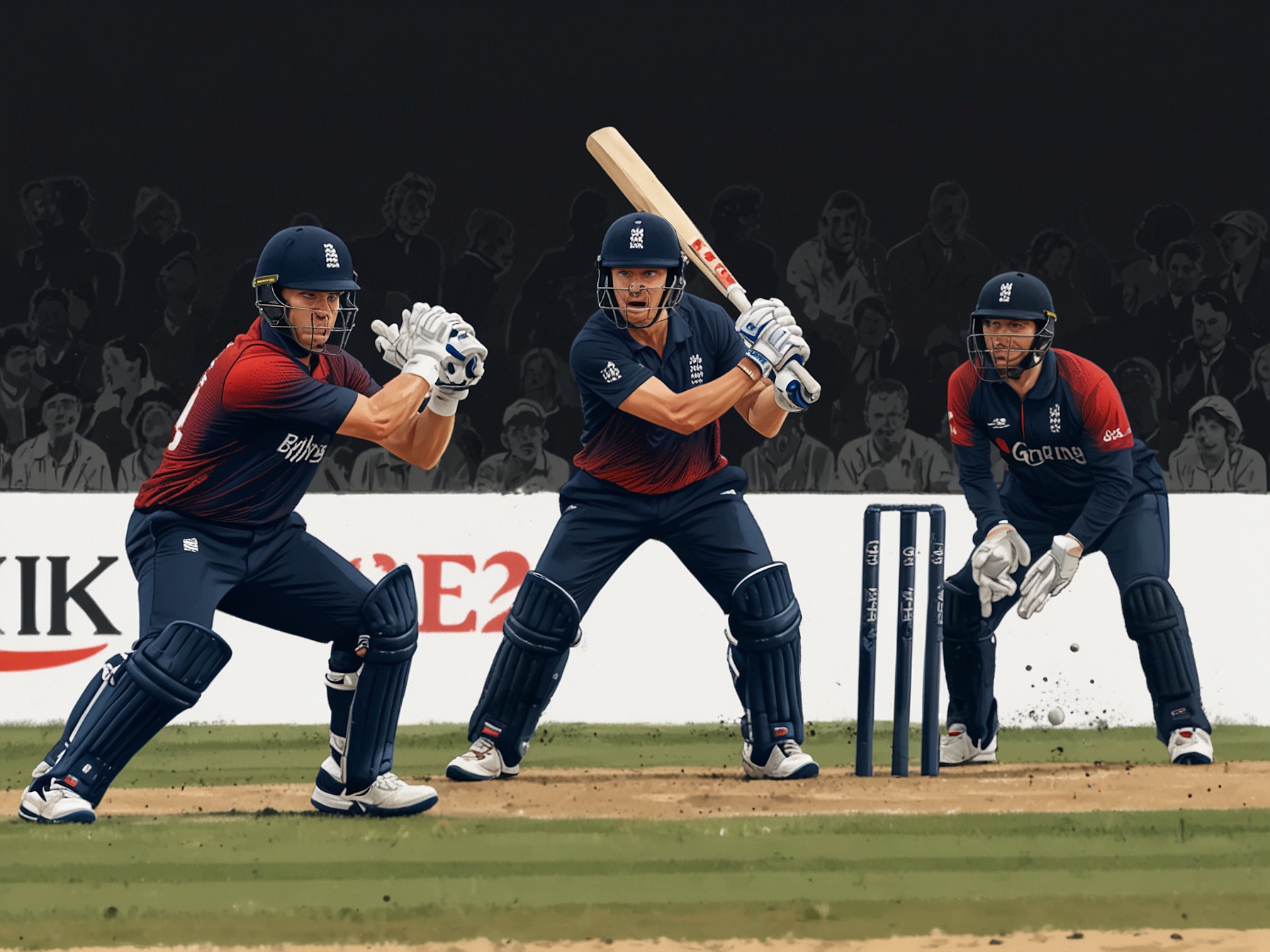 An intense moment from the ENG vs USA match in the ICC T20 World Cup 2024, showcasing England's star player Jos Buttler hitting a powerful shot while USA's fielders are in action.
