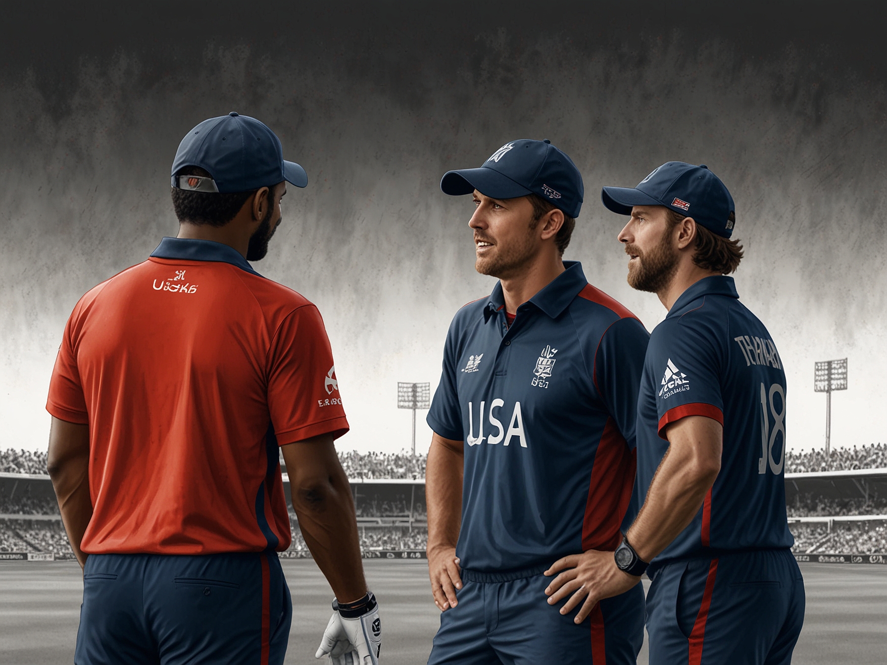 A strategic team discussion of the USA cricket team, focusing on game plans and player tactics during the crucial ENG vs USA Super 8s match in the ICC T20 World Cup 2024.