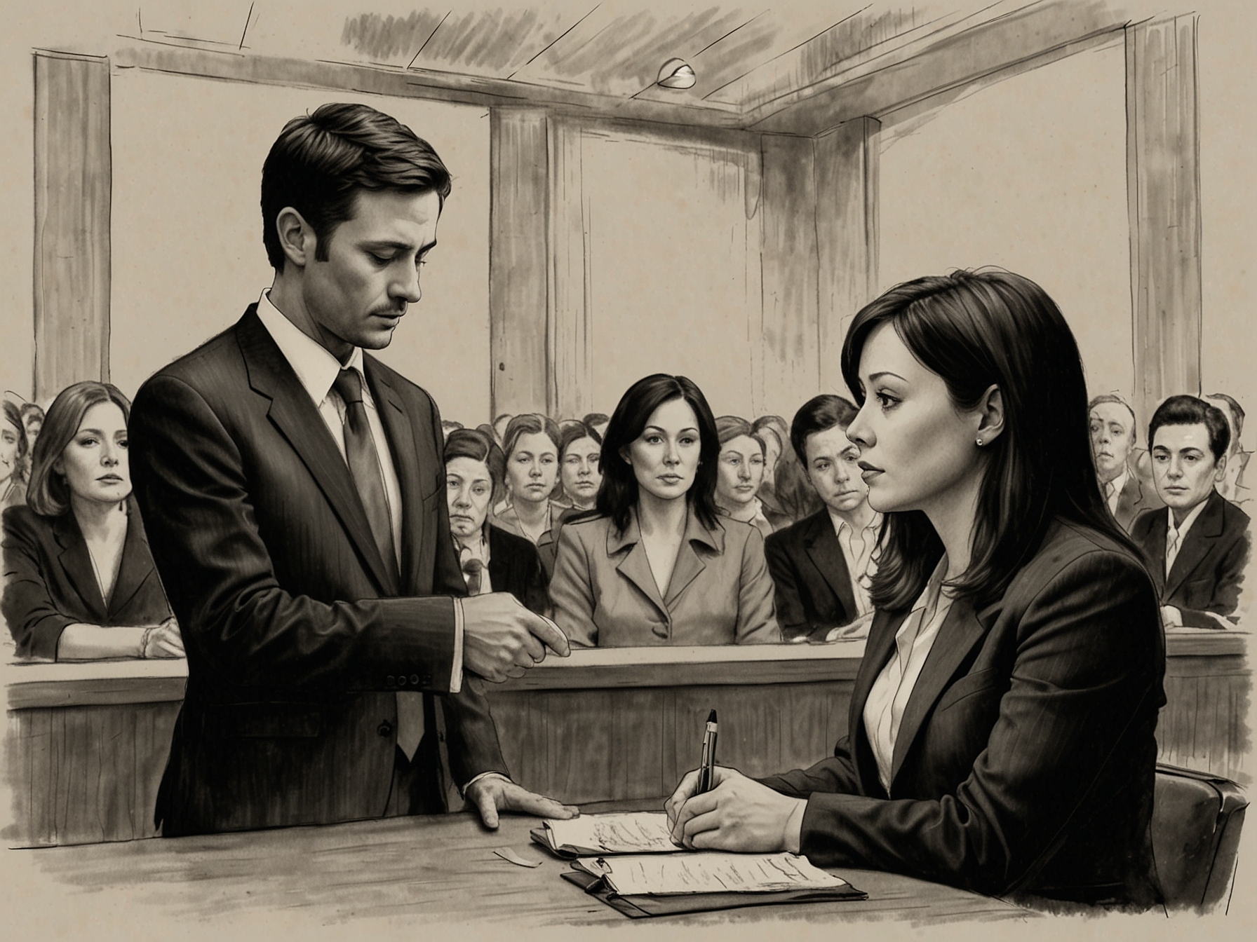 A somber courtroom sketch depicting Shannen Doherty and Kurt Iswarienko, capturing the tension and gravity of their contentious divorce and financial dispute amidst her health crisis.