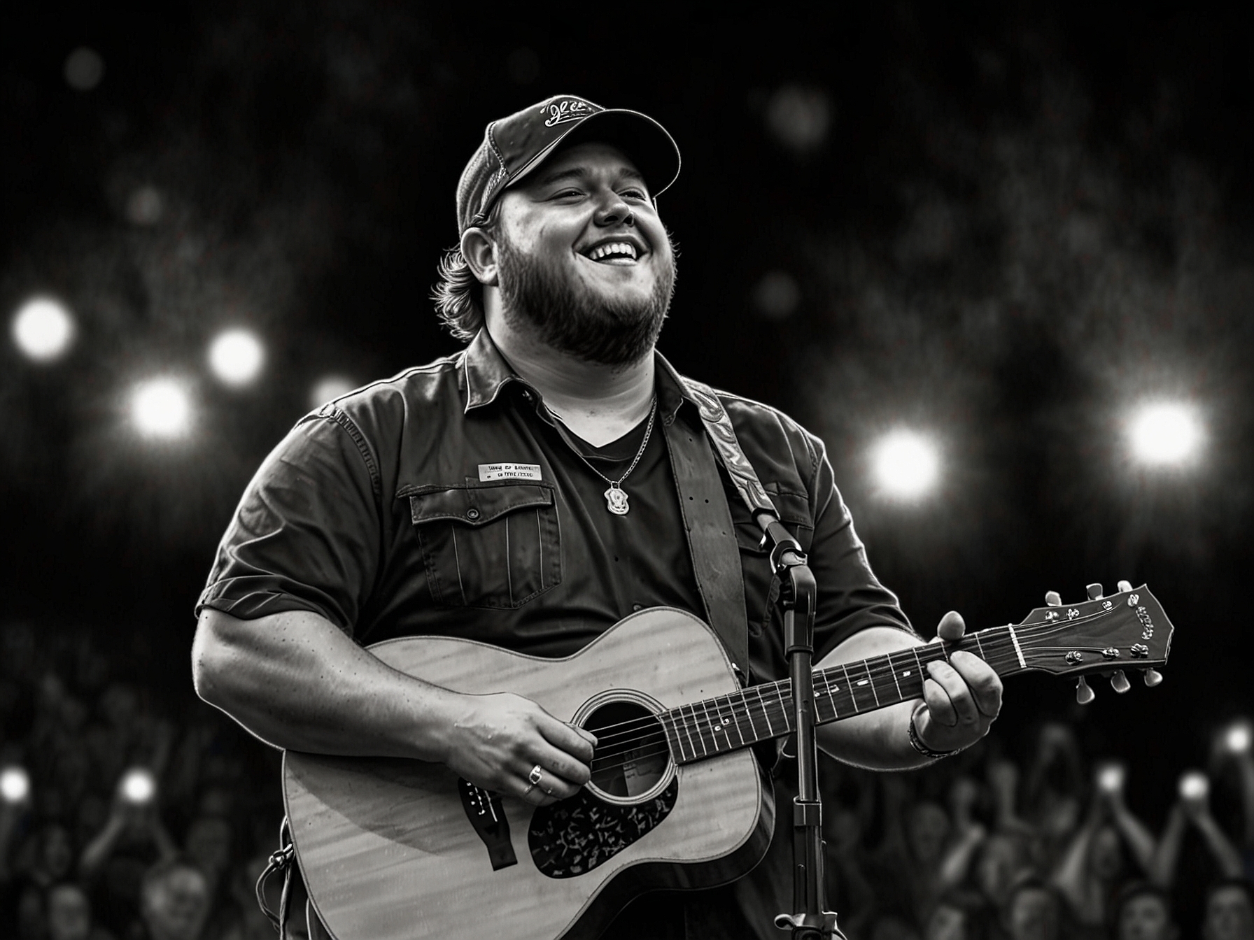 Luke Combs performing on stage, deeply immersed in his music, symbolizing his dedication to his career and the sacrifices made in his personal life.